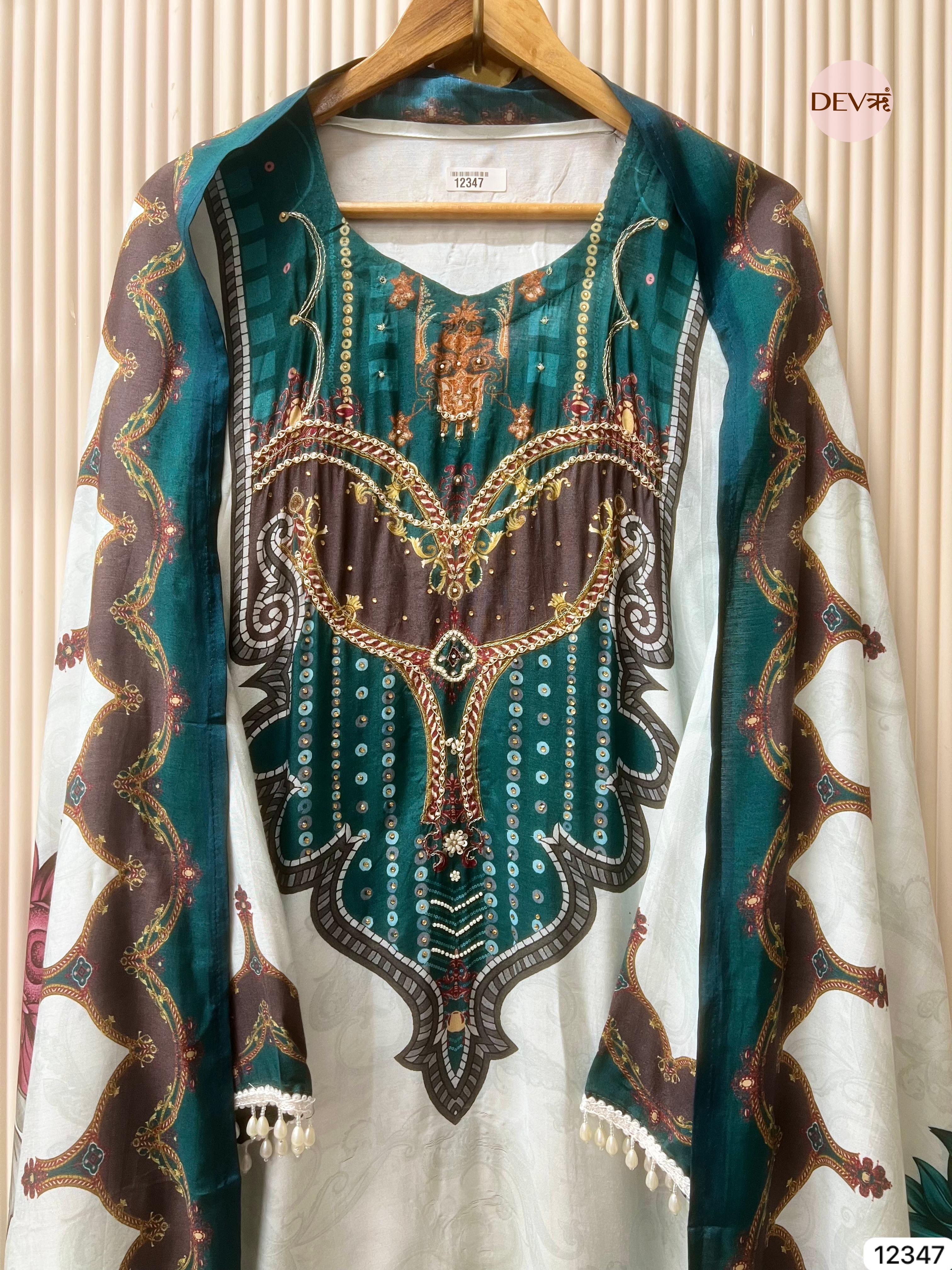 Teal Ivory Muslin Printed Unstitched 3-Piece Suit (Devri – D.No 12347)