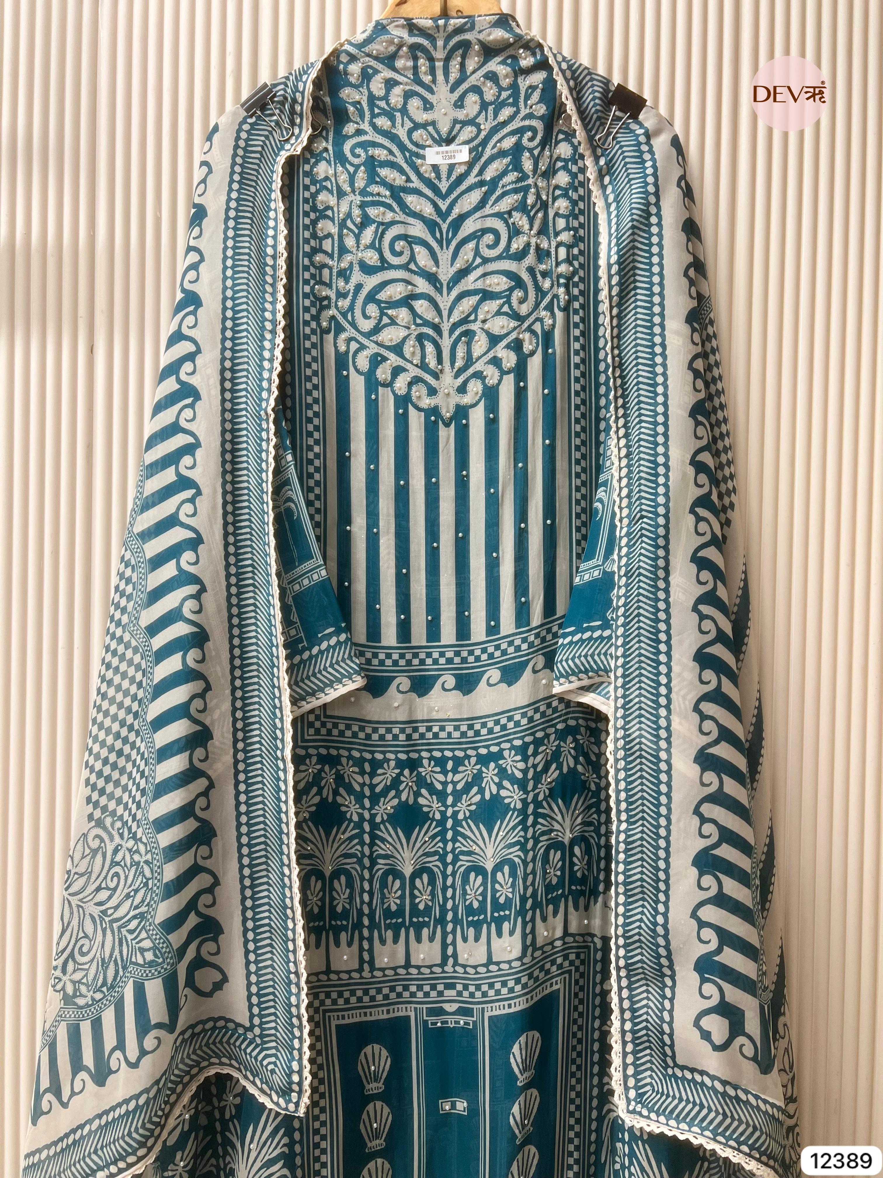 Teal and White Organza Printed Unstitched 3-Piece Suit (Devri – D.No 12389)