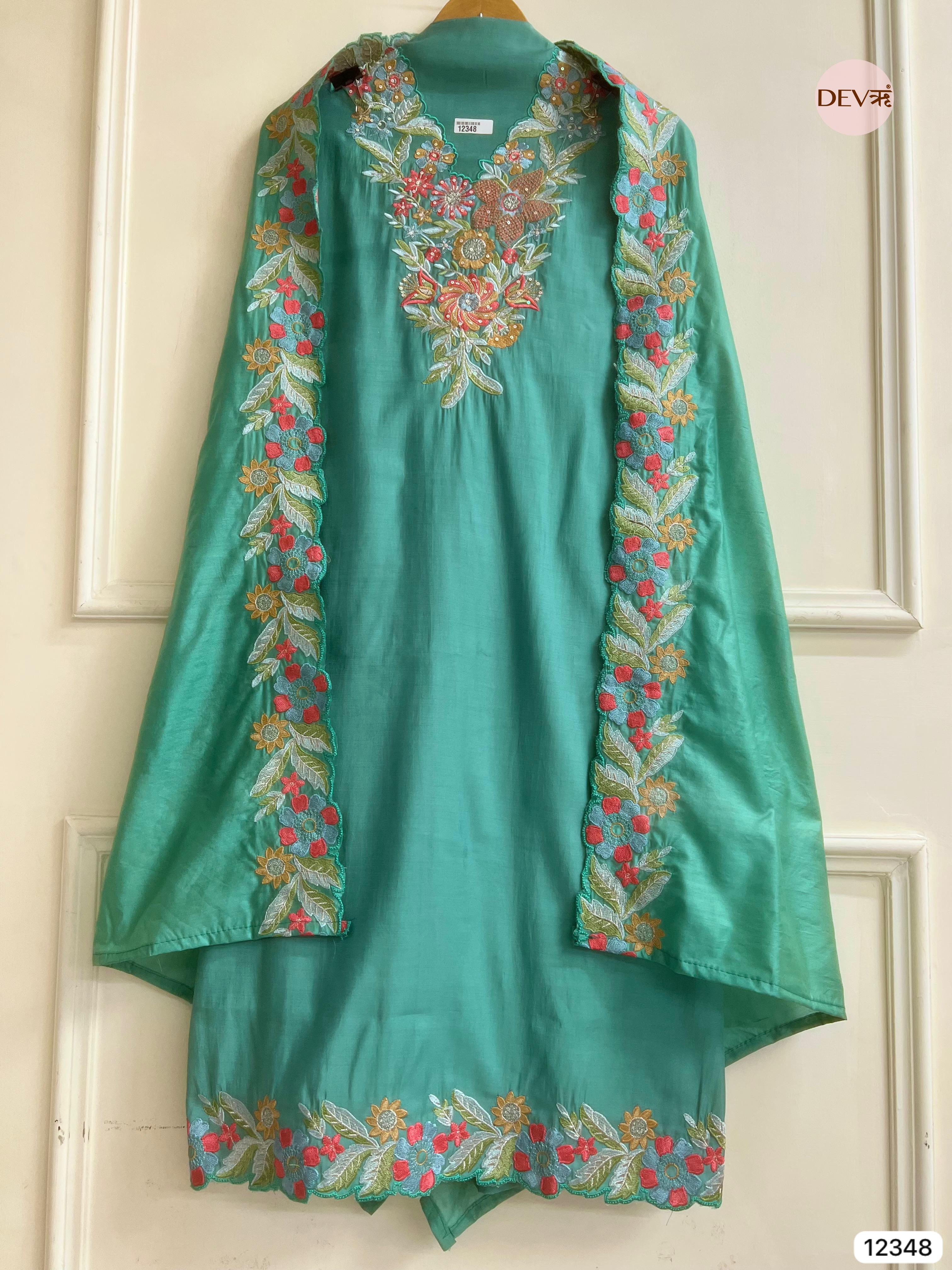 Teal Green Roman Silk Embroidered Unstitched 3-Piece Suit (Devri – D.No 12348)