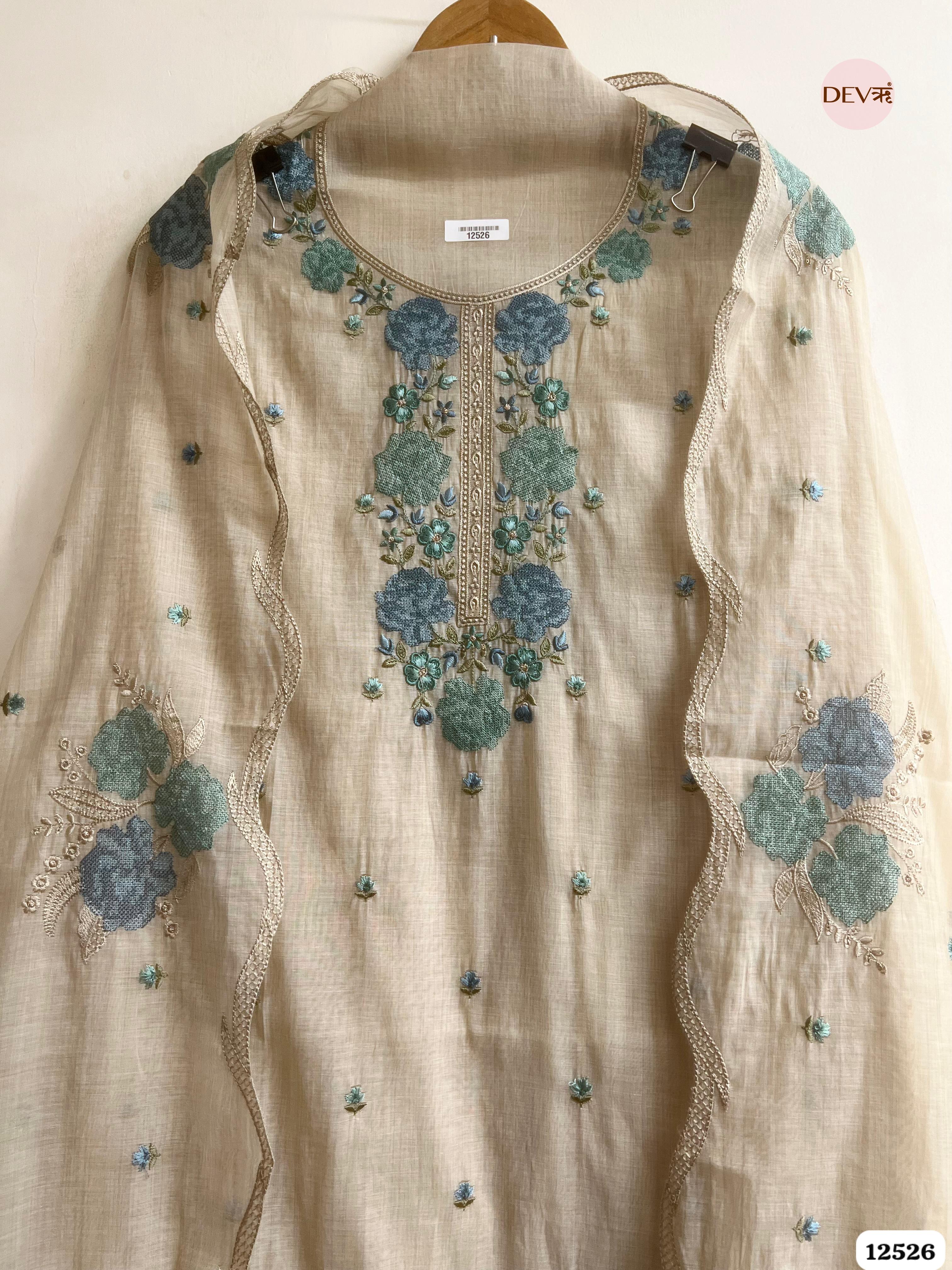 baige Mul Chanderi Embroidered Unstitched 3-Piece Suit (Devri – D.No. 12526)