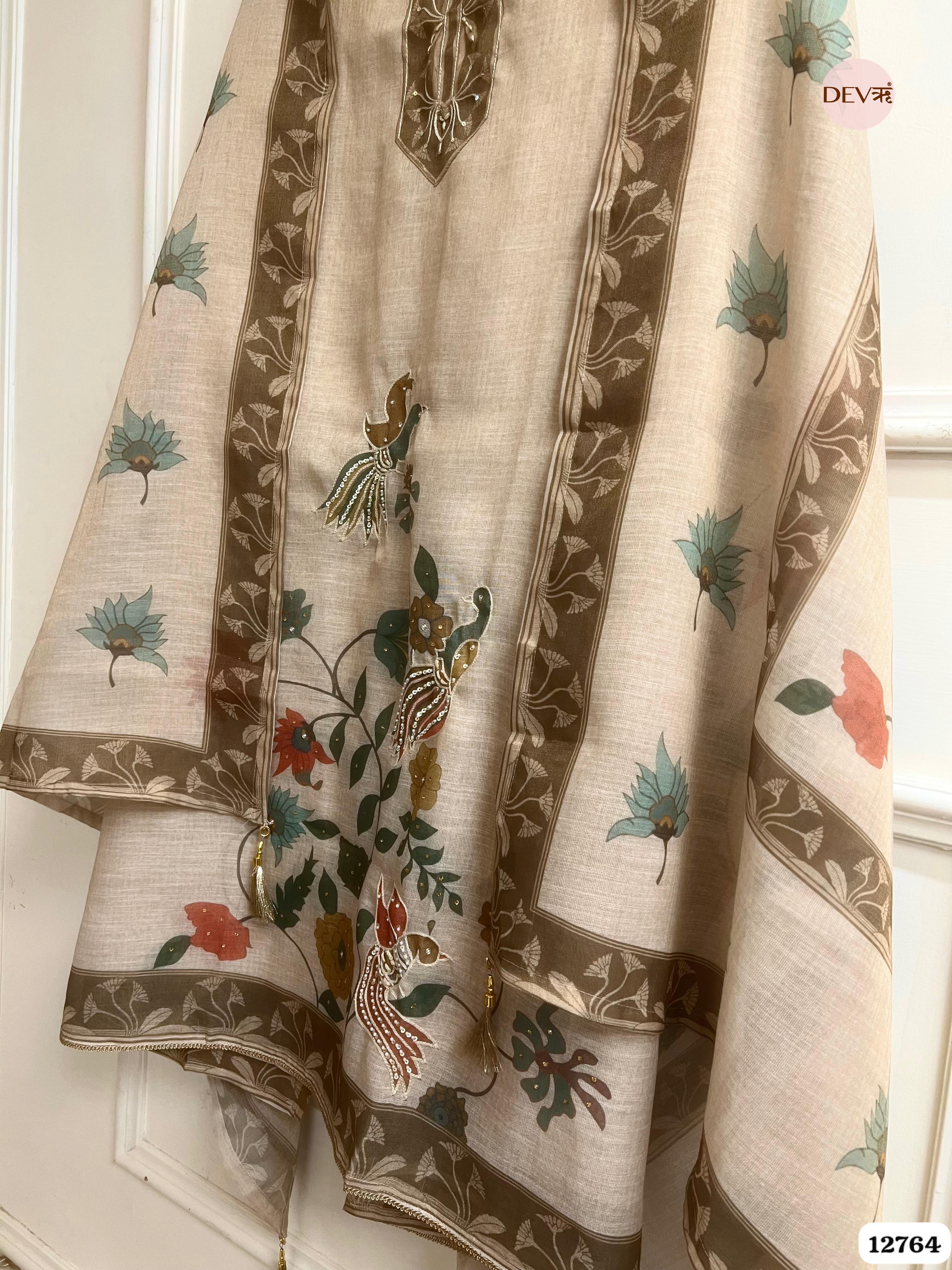 Beige Linen Cotton Embroidered Unstitched 3-Piece Suit (Devri – D.No 12764)
