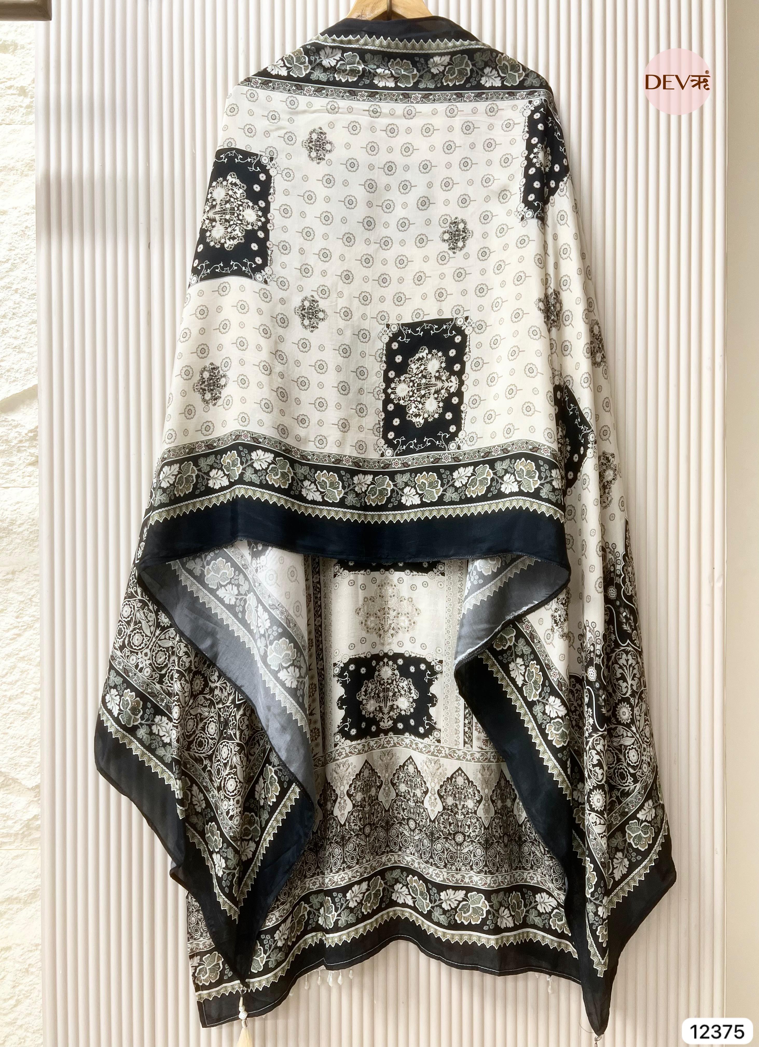 Black Muslin Printed Unstitched 3-Piece Suit (Devri – D.No 12375)