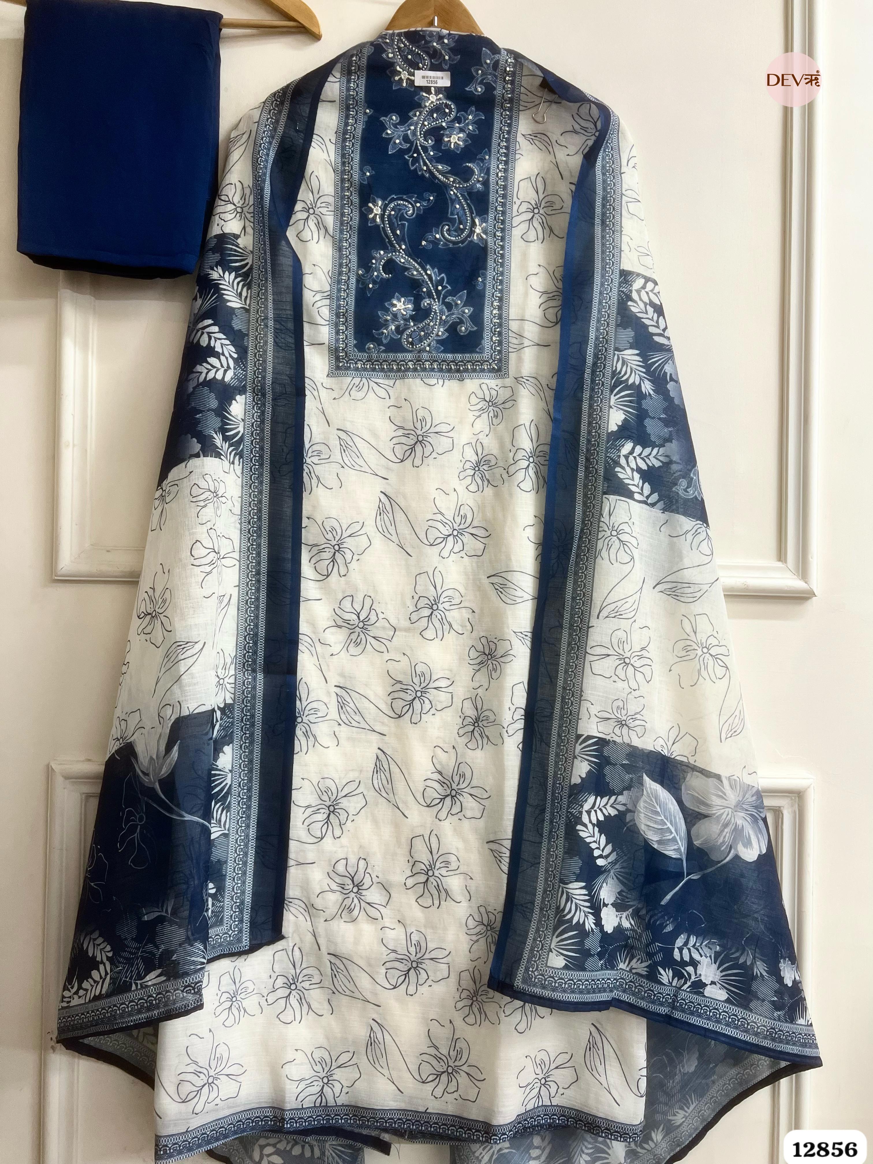 Cream Linen Cotton Printed Unstitched 3-Piece Suit (Devri – D.No 12856)