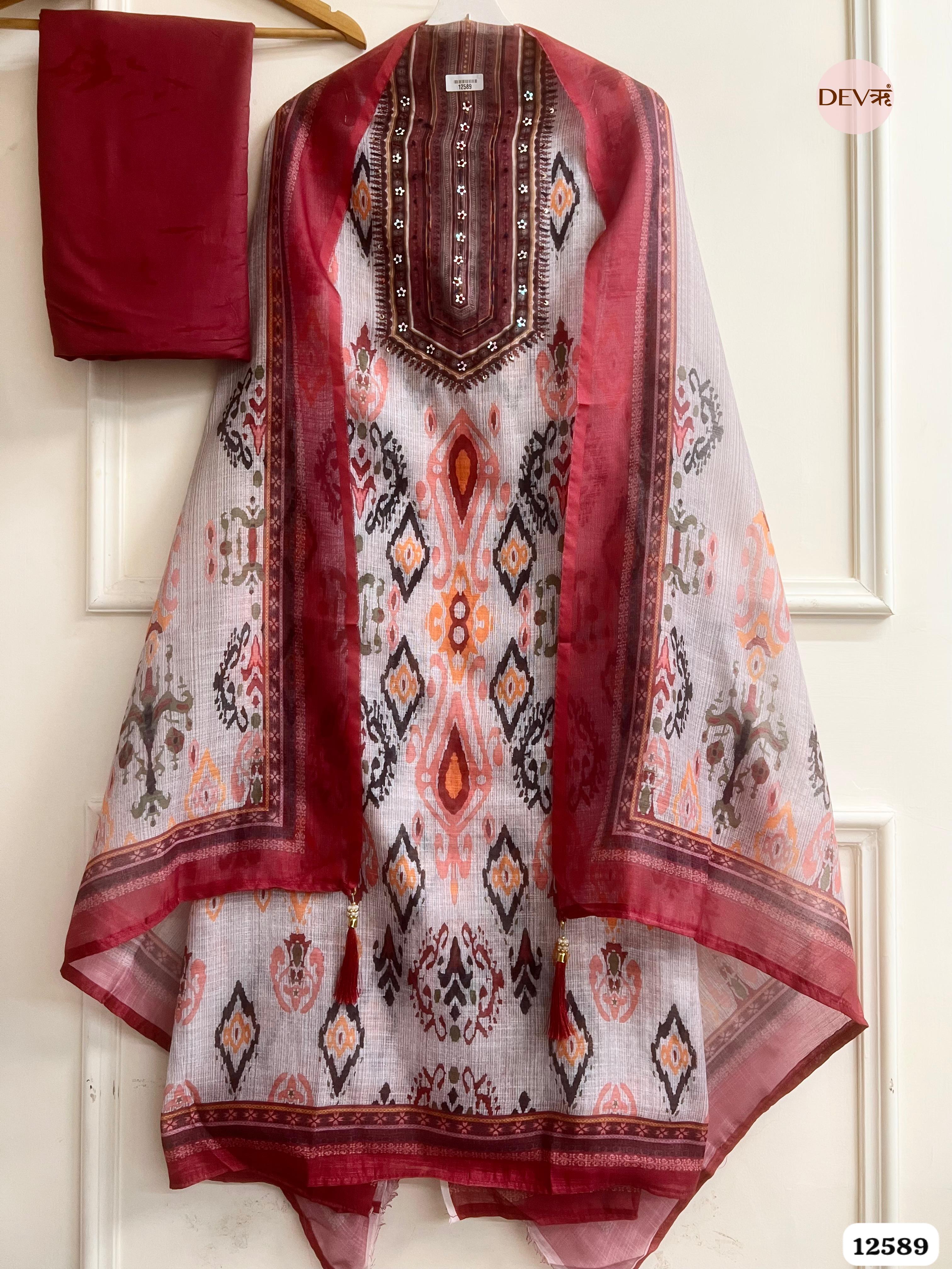 Maroon linen Printed Unstitched 3-Piece Suit (Devri – D.No 12589)
