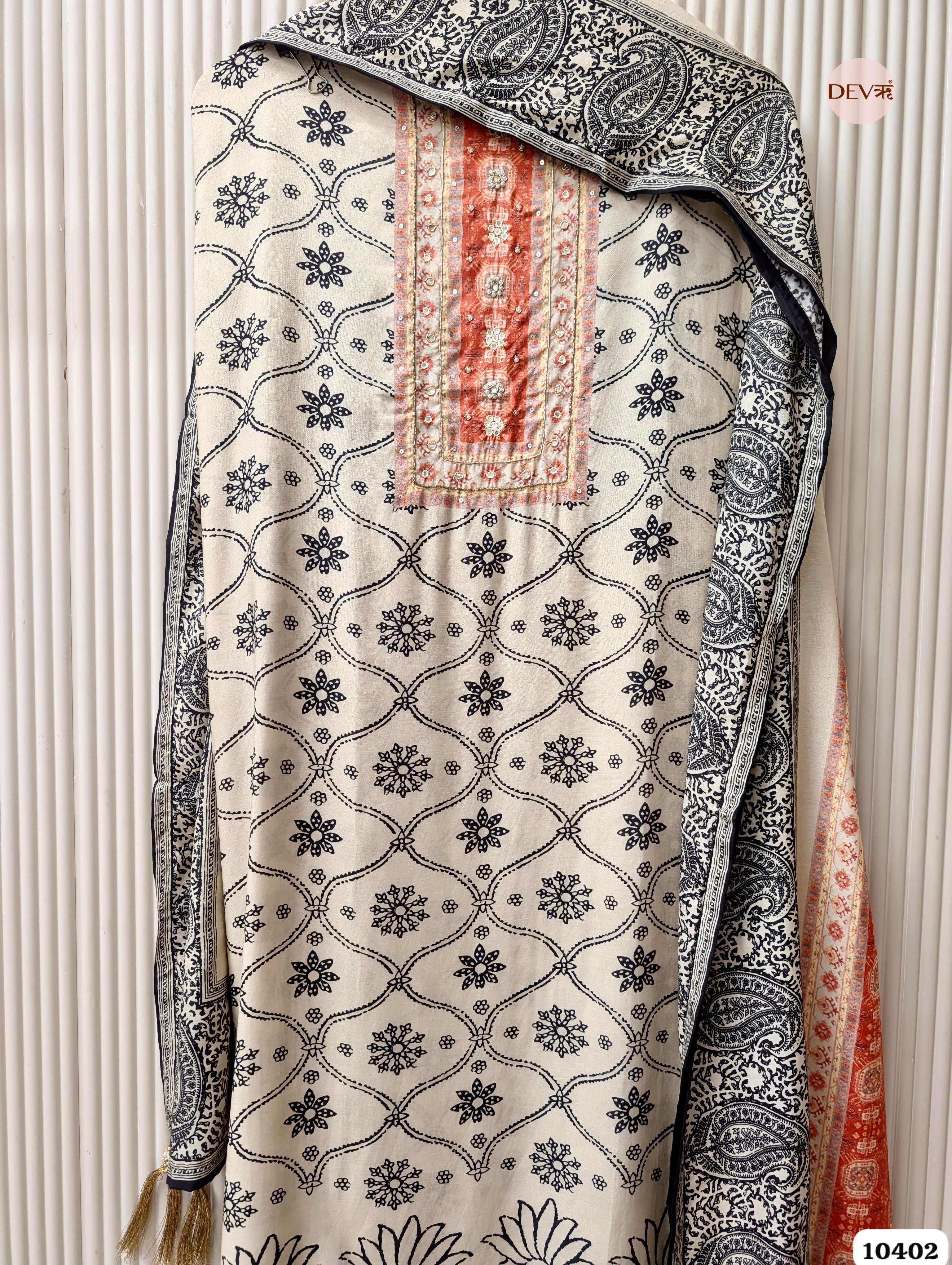 Beige Muslin Printed Unstitched 3-Piece Suit (Devri – D.No. 12402)