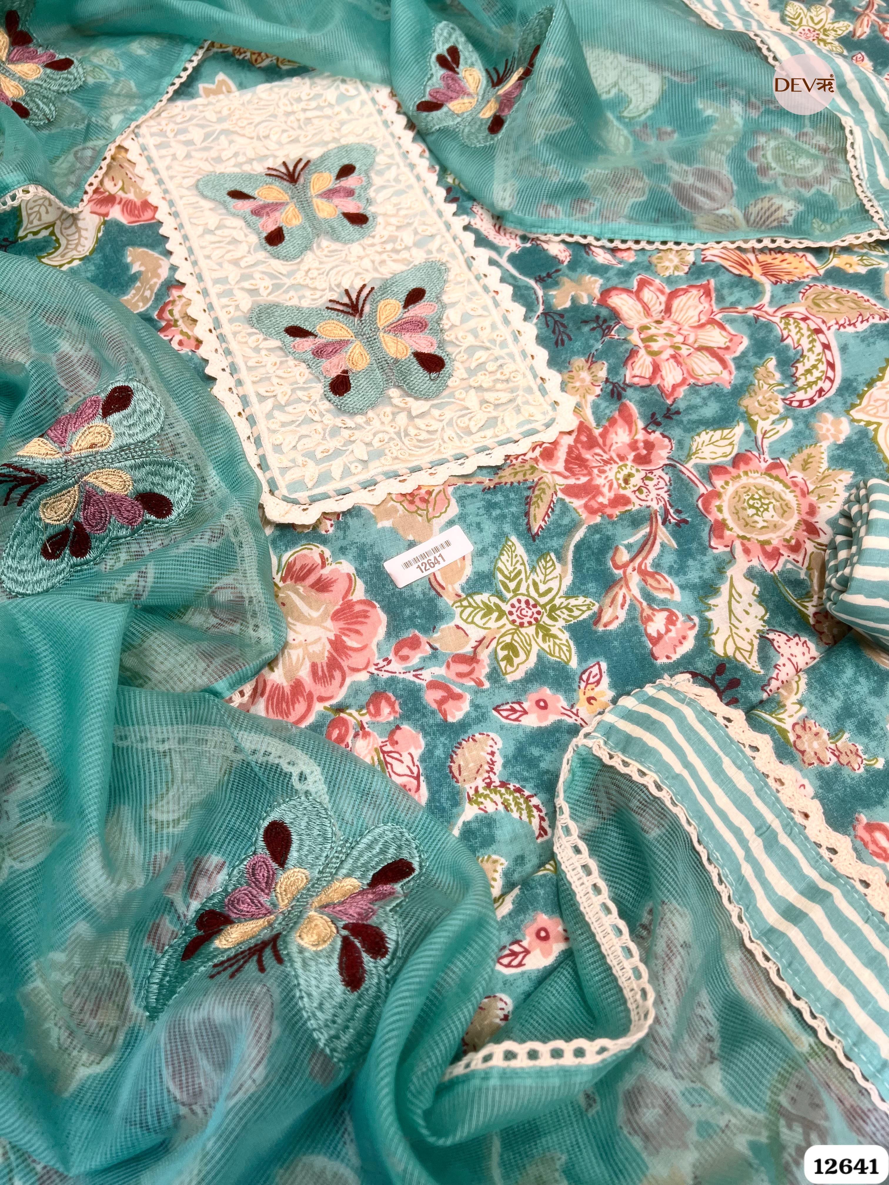 Teal Blue Floral Cotton Unstitched 3-Piece Suit with Net Dupatta (Devri – D.No 12641)