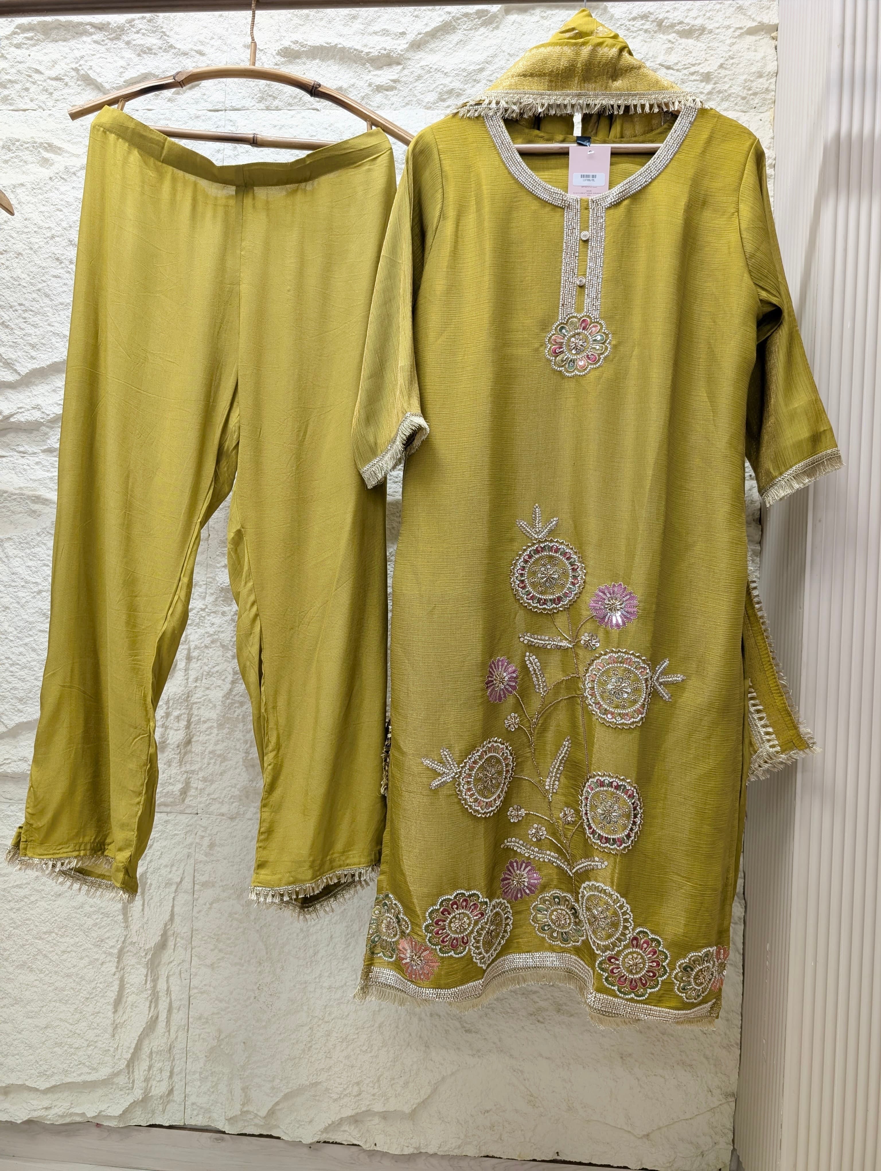 Gulnaar Tissue silk blend Embroidered Olive Green 3-Piece Set (Devri – D.No 13706)