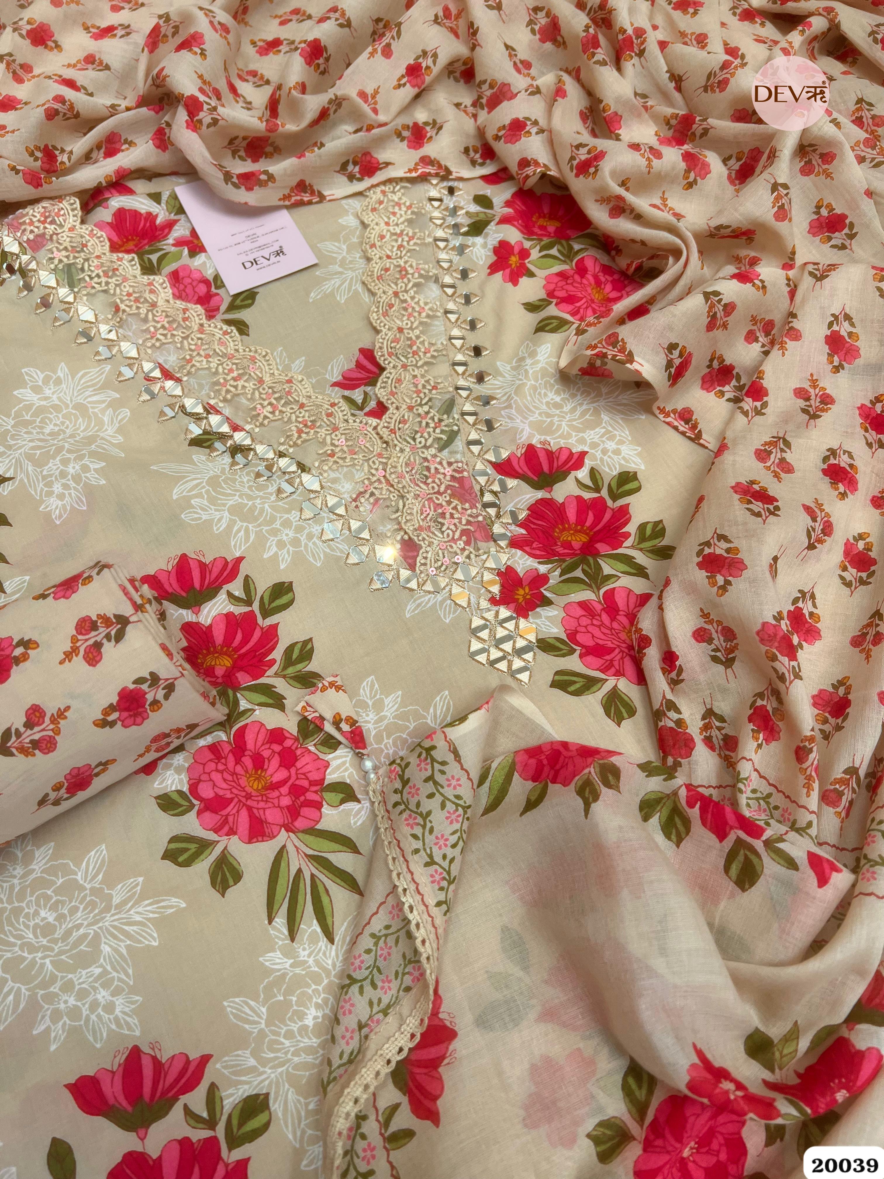 Beige Pure Cotton Printed Unstitched 3-Piece Suit (Devri – D.No. 20039)