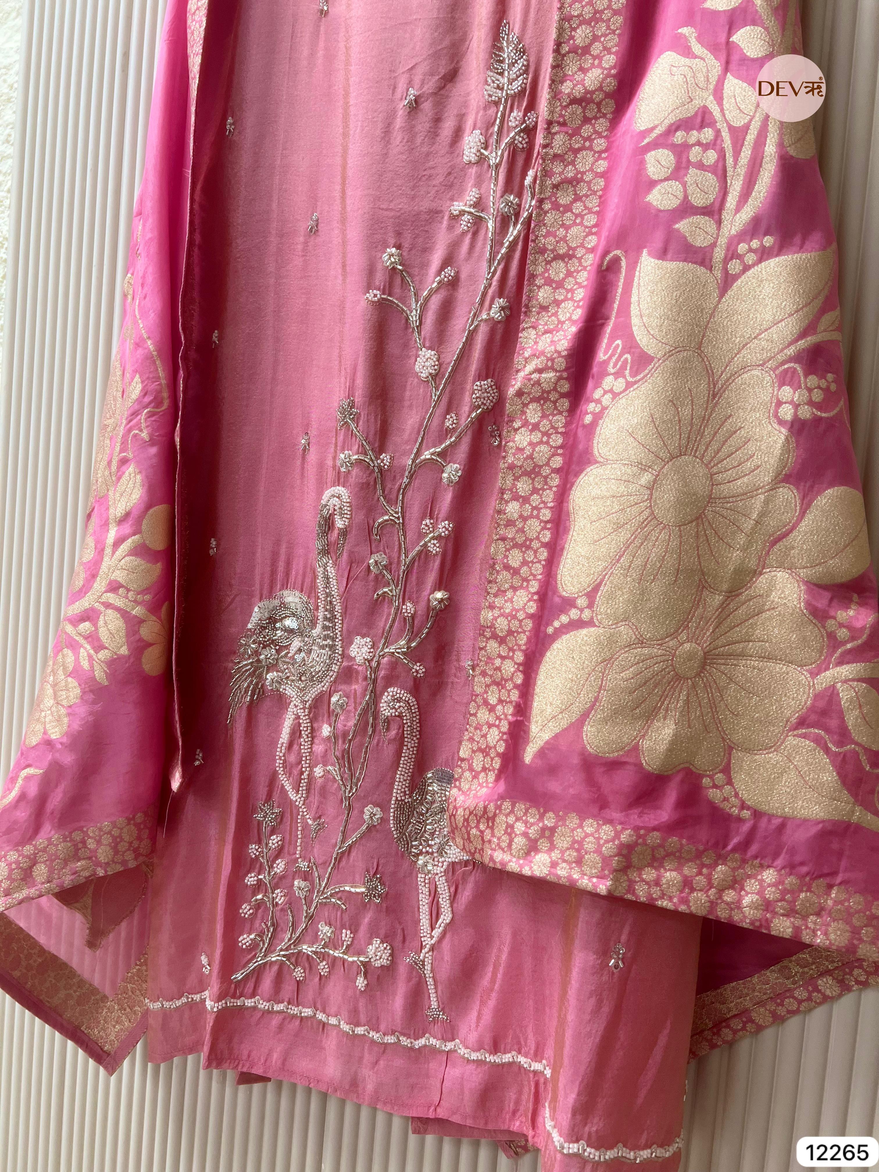 Pink Tissue Shimmer Silk Embroidered Unstitched 3-Piece Suit (Devri – D.No 12265)