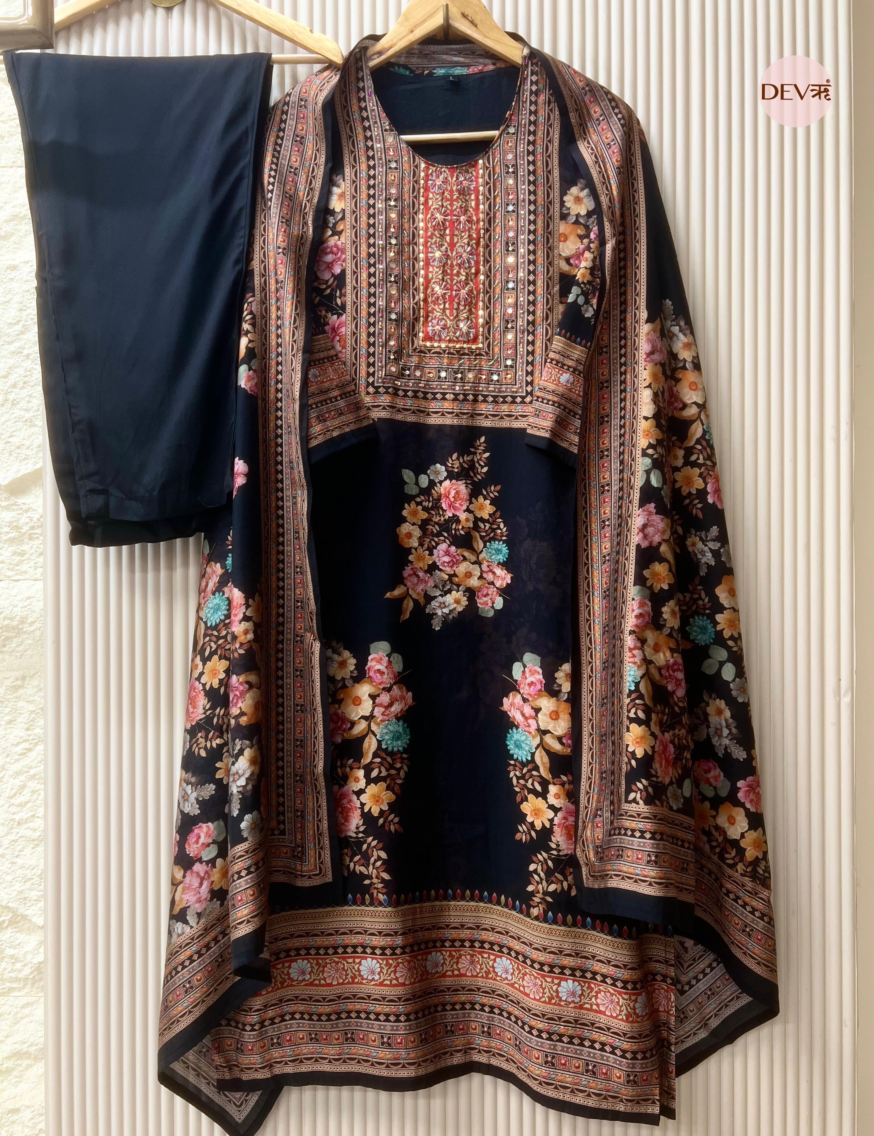 Nayantara Pure Modal Silk Printed Black 3-Piece Set (Devri – D.No 1043)