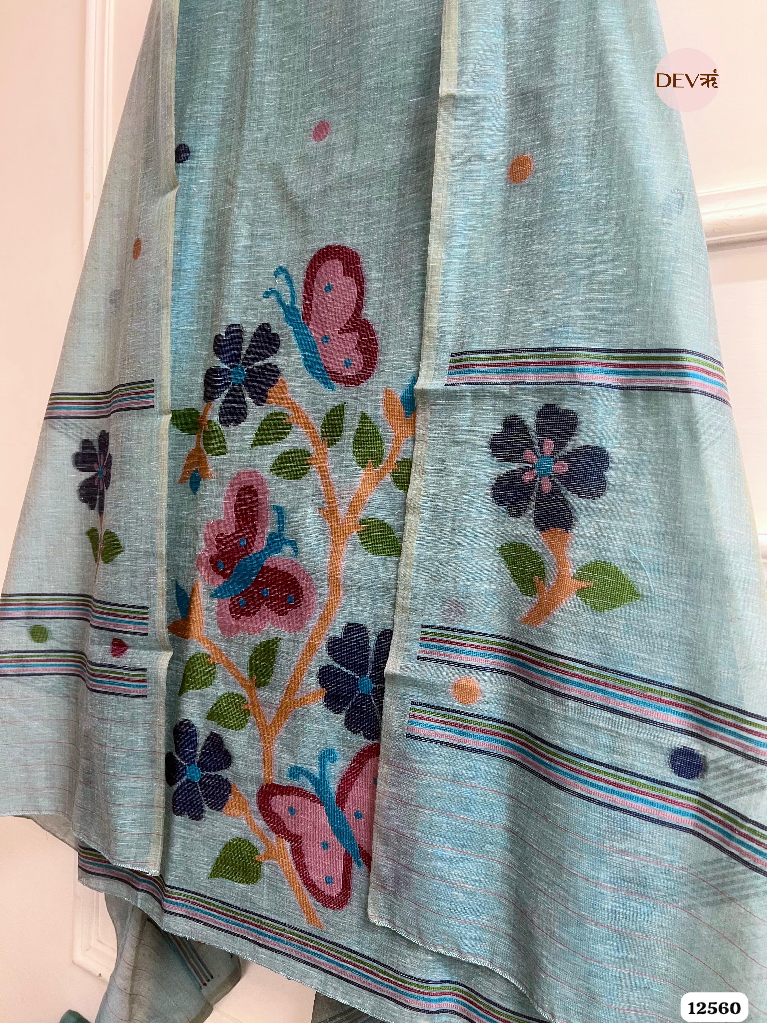 teal Linen Printed Unstitched 3-Piece Suit (Devri – D.No 12560)