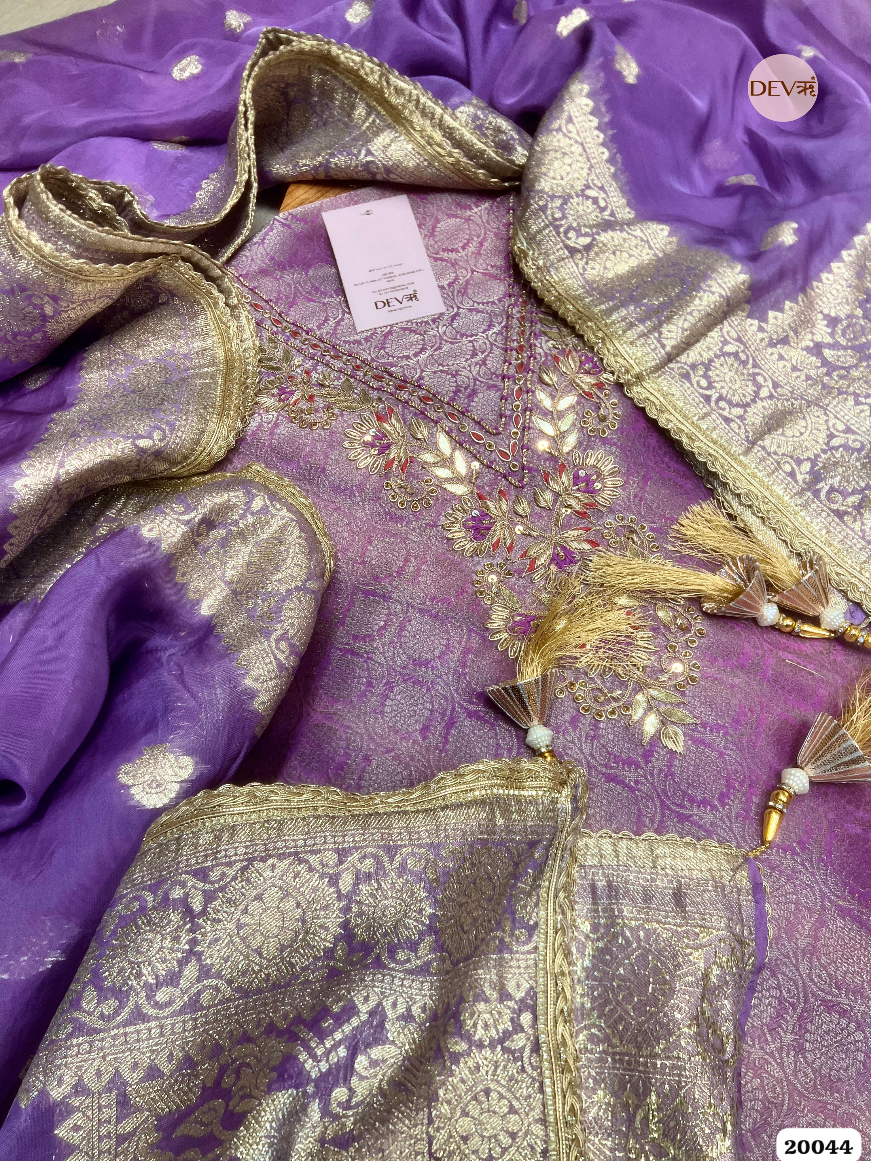 Royal Lilac Banarasi Tissue Embroidered Unstitched 3-Piece Suit (Devri – D.No 20044)