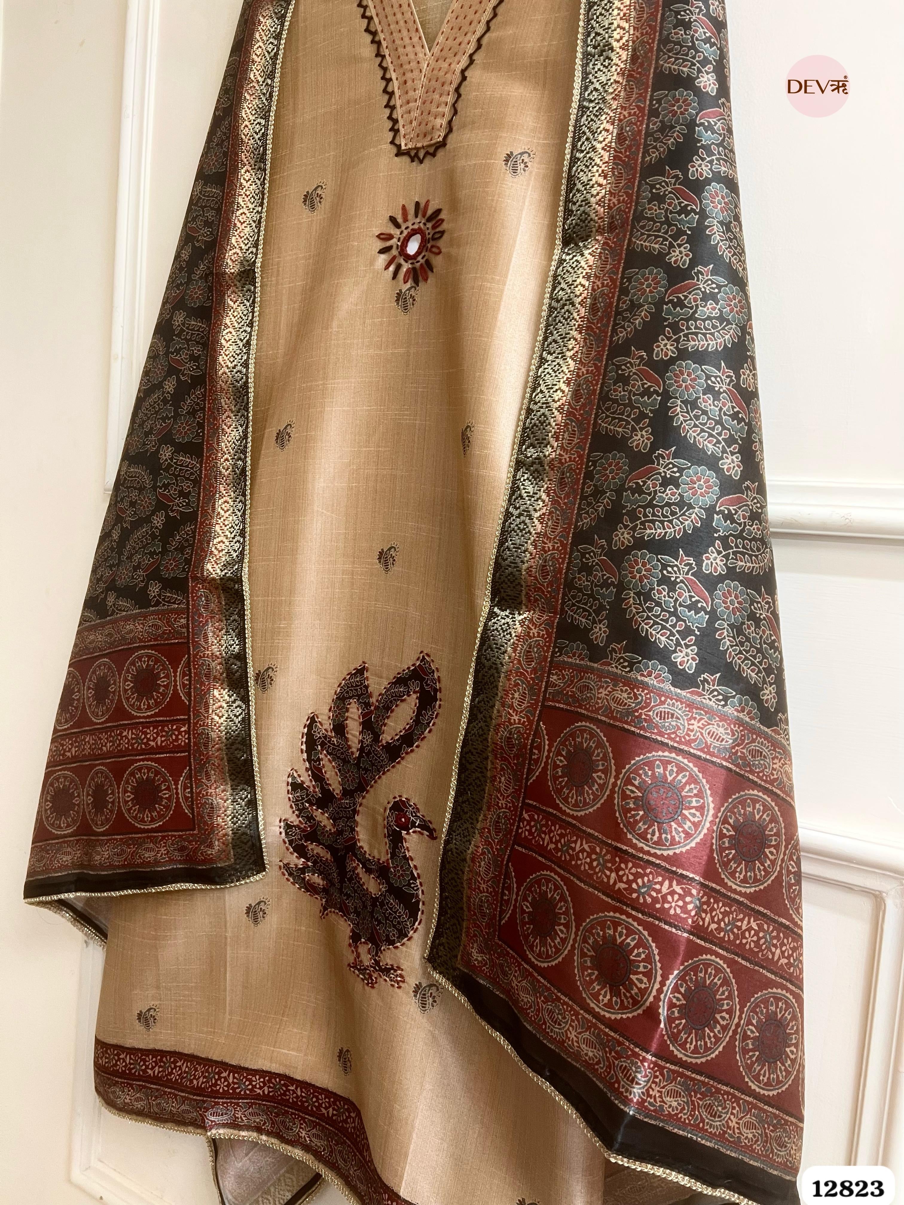 Beige Chanderi Silk Printed Unstitched 3-Piece Suit (Devri – D.No 12823)