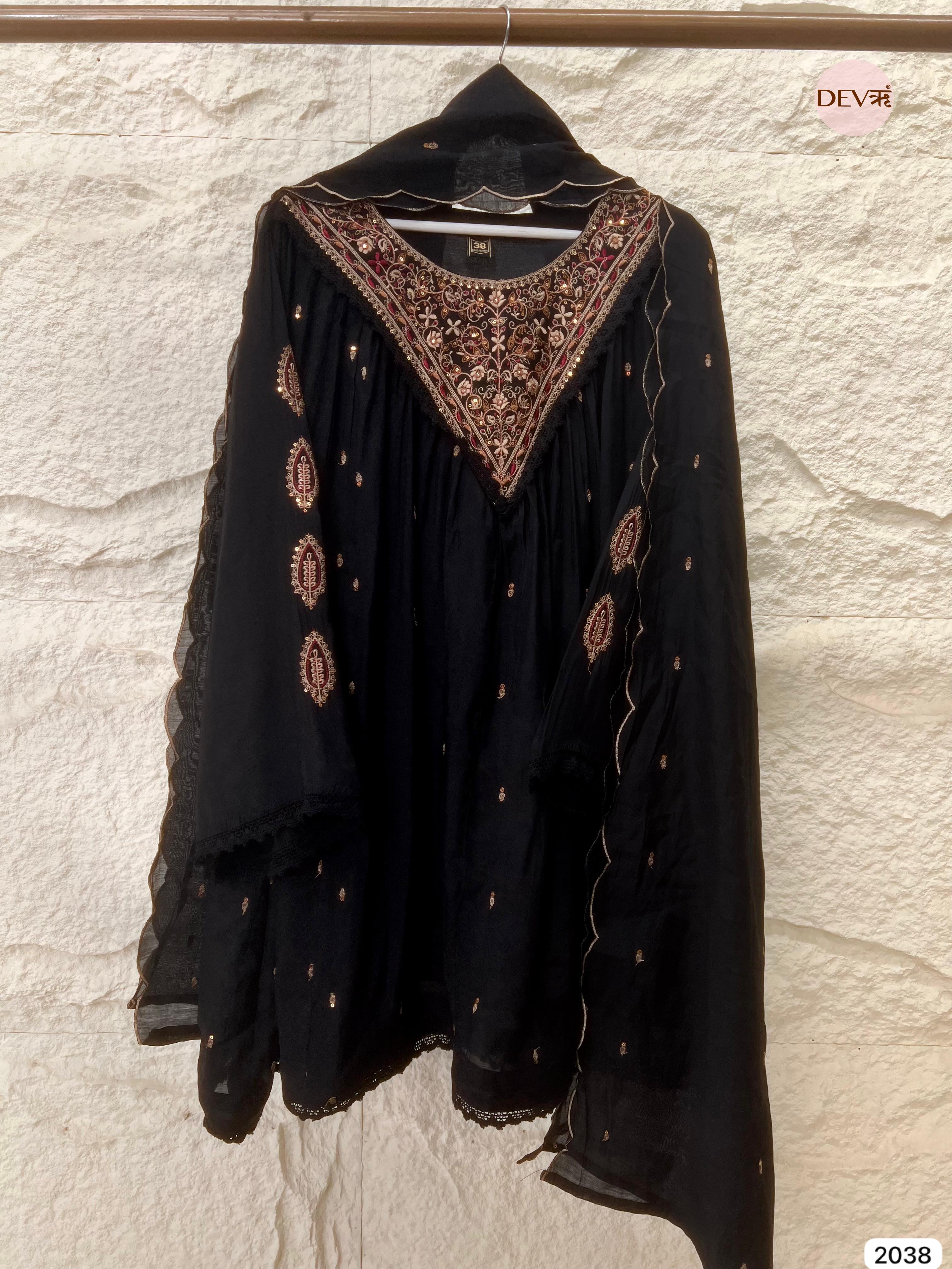 Kashvi Mul Chanderi Embroidered Black 3-Piece Set (Devri – D.No 2038)