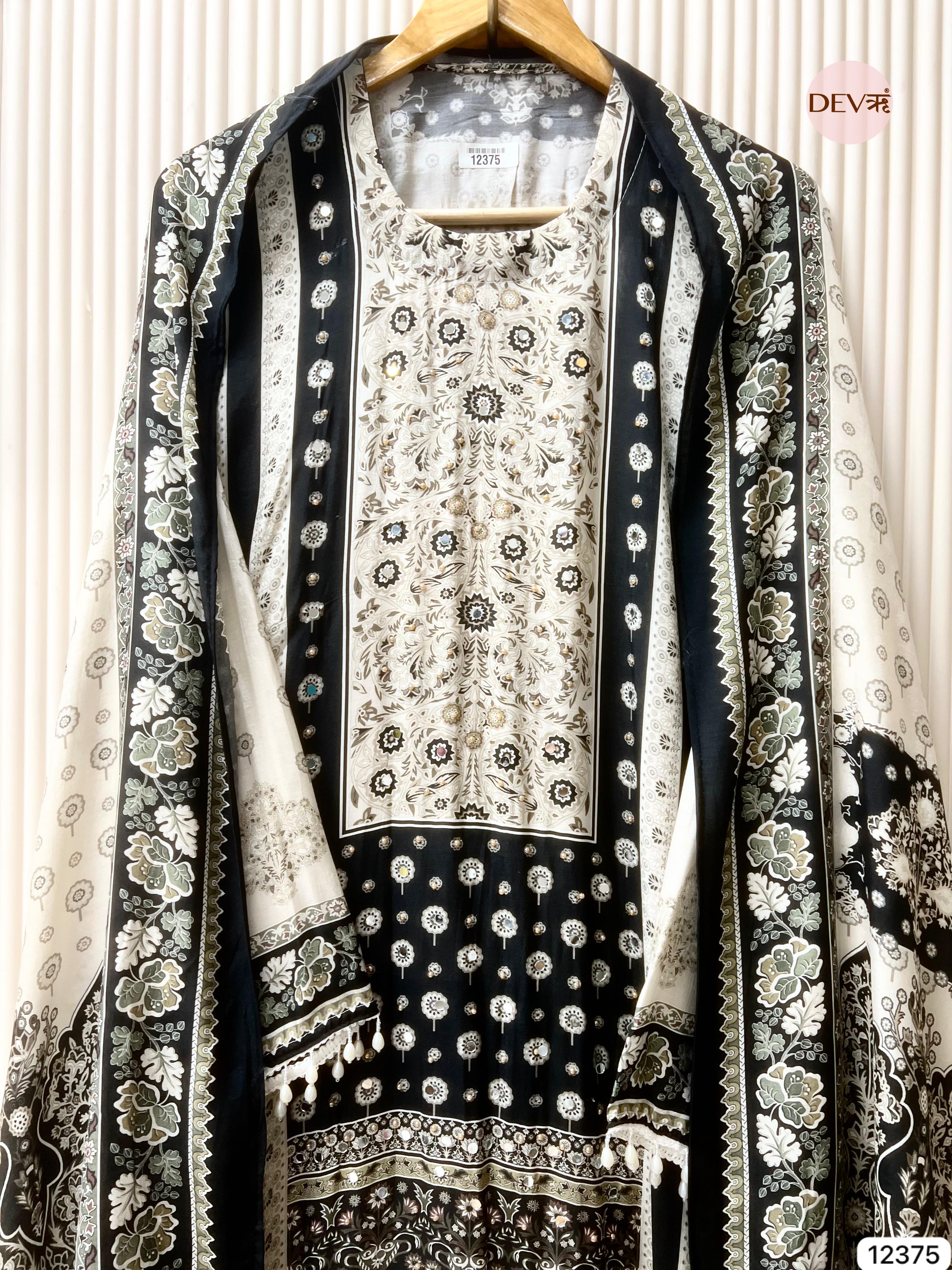 Black Muslin Printed Unstitched 3-Piece Suit (Devri – D.No 12375)