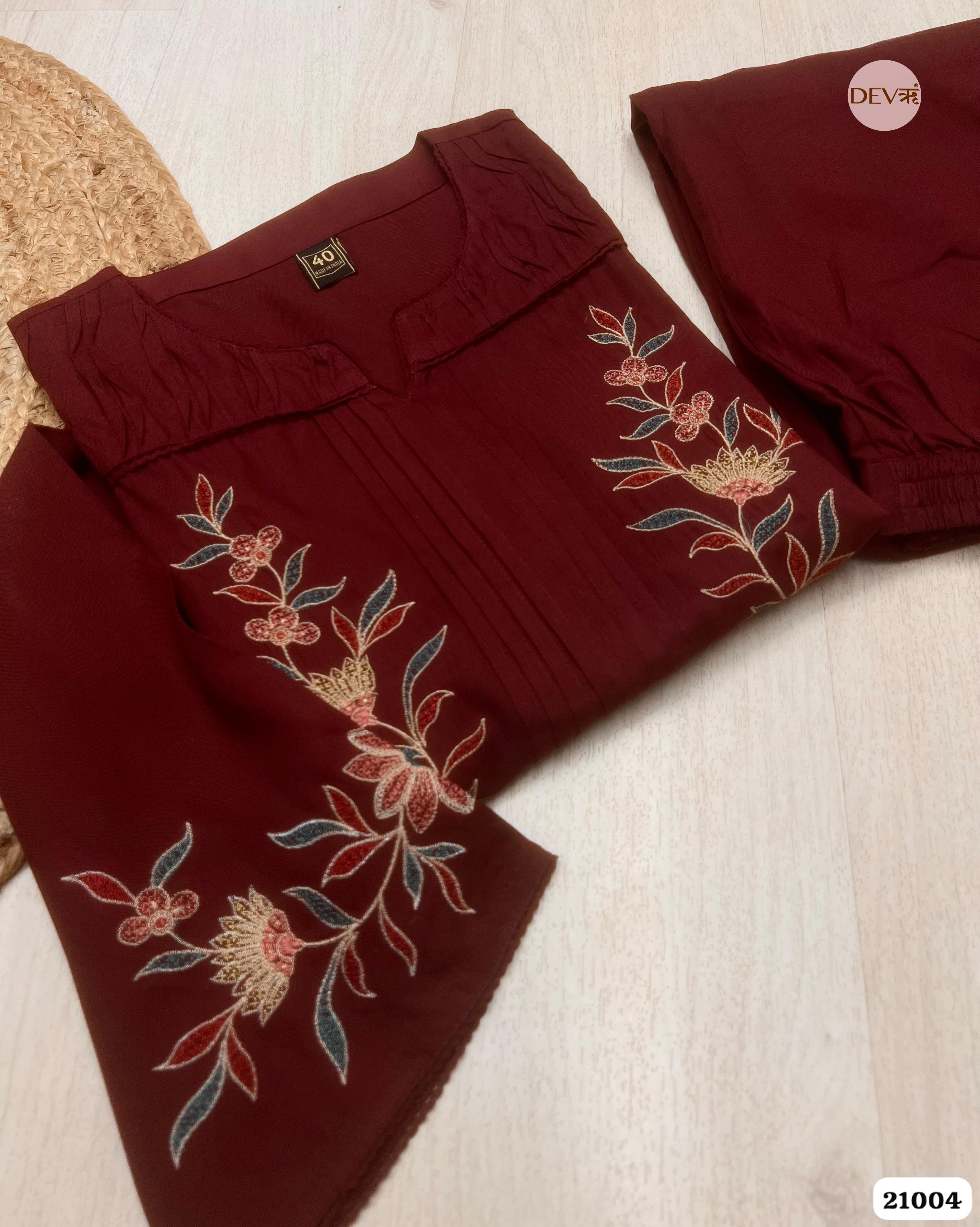 Ishani Cotton Embroidered Maroon 2-Piece Set (Devri – D.No 21004)