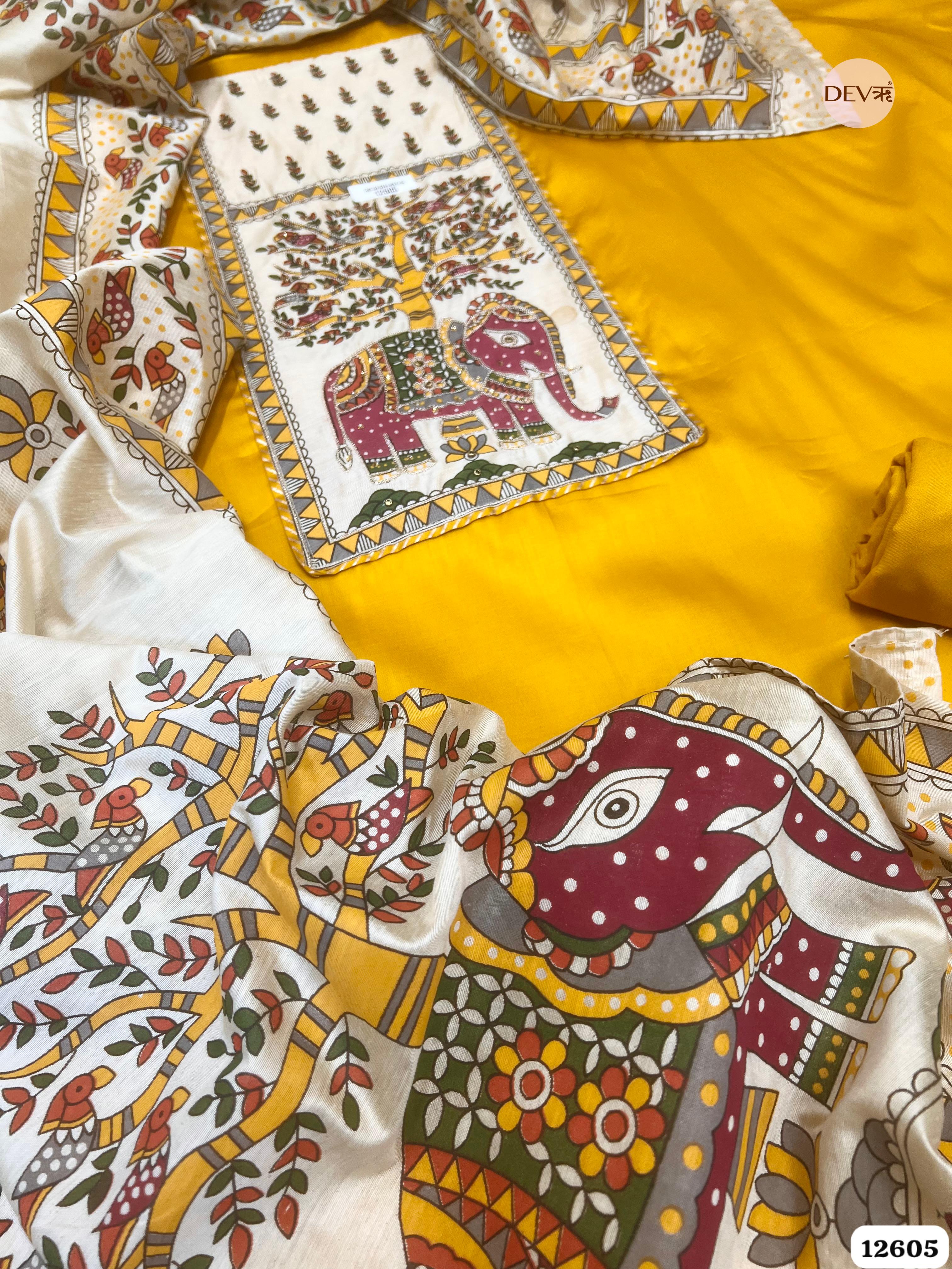 Mustard Yellow Cotton Embroidered Unstitched 3-Piece Suit (Devri – D.No. 12605)