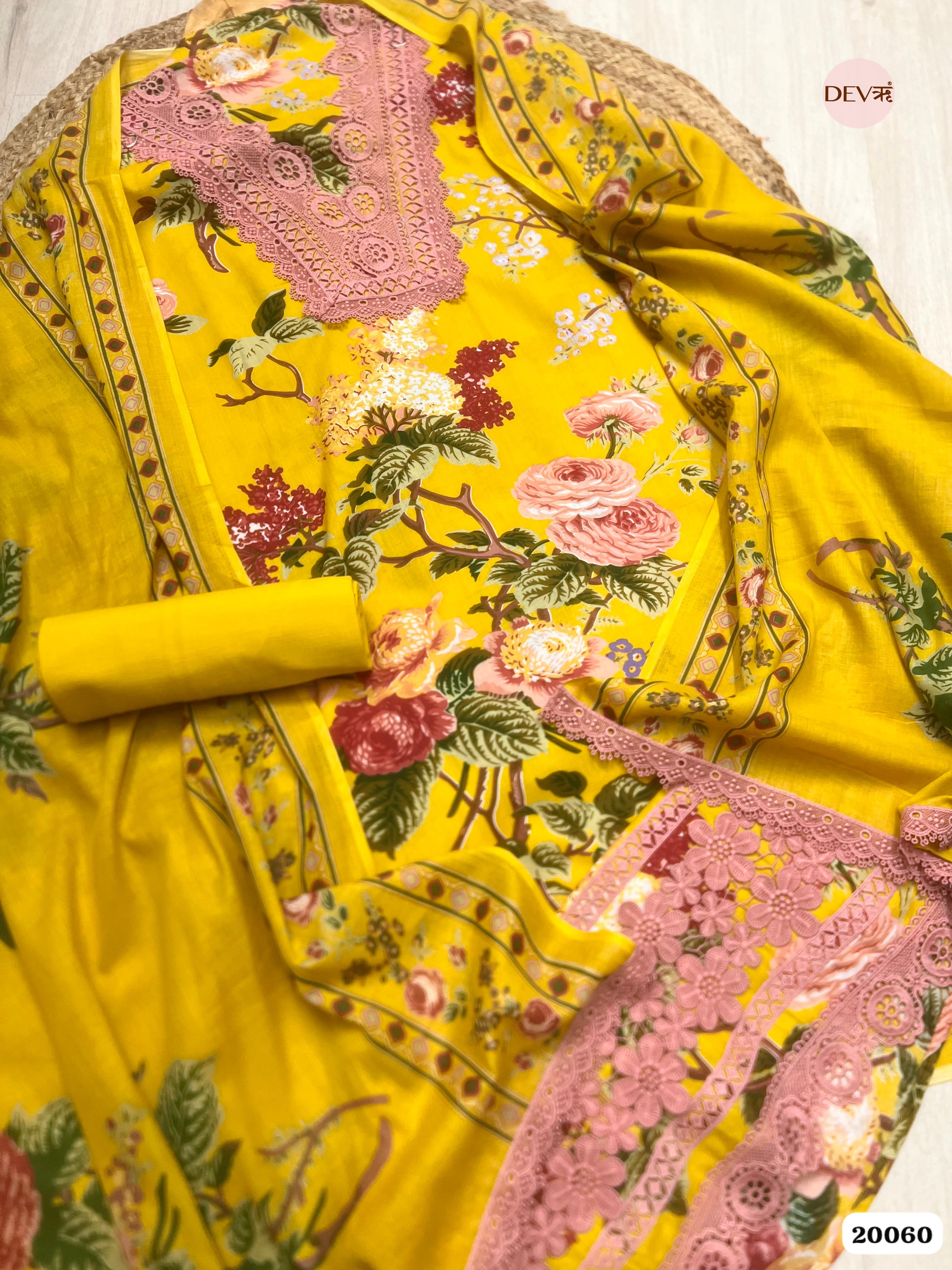 Mustard Yellow Cotton Printed Unstitched 3-Piece Suit (Devri – D.No. 20060)