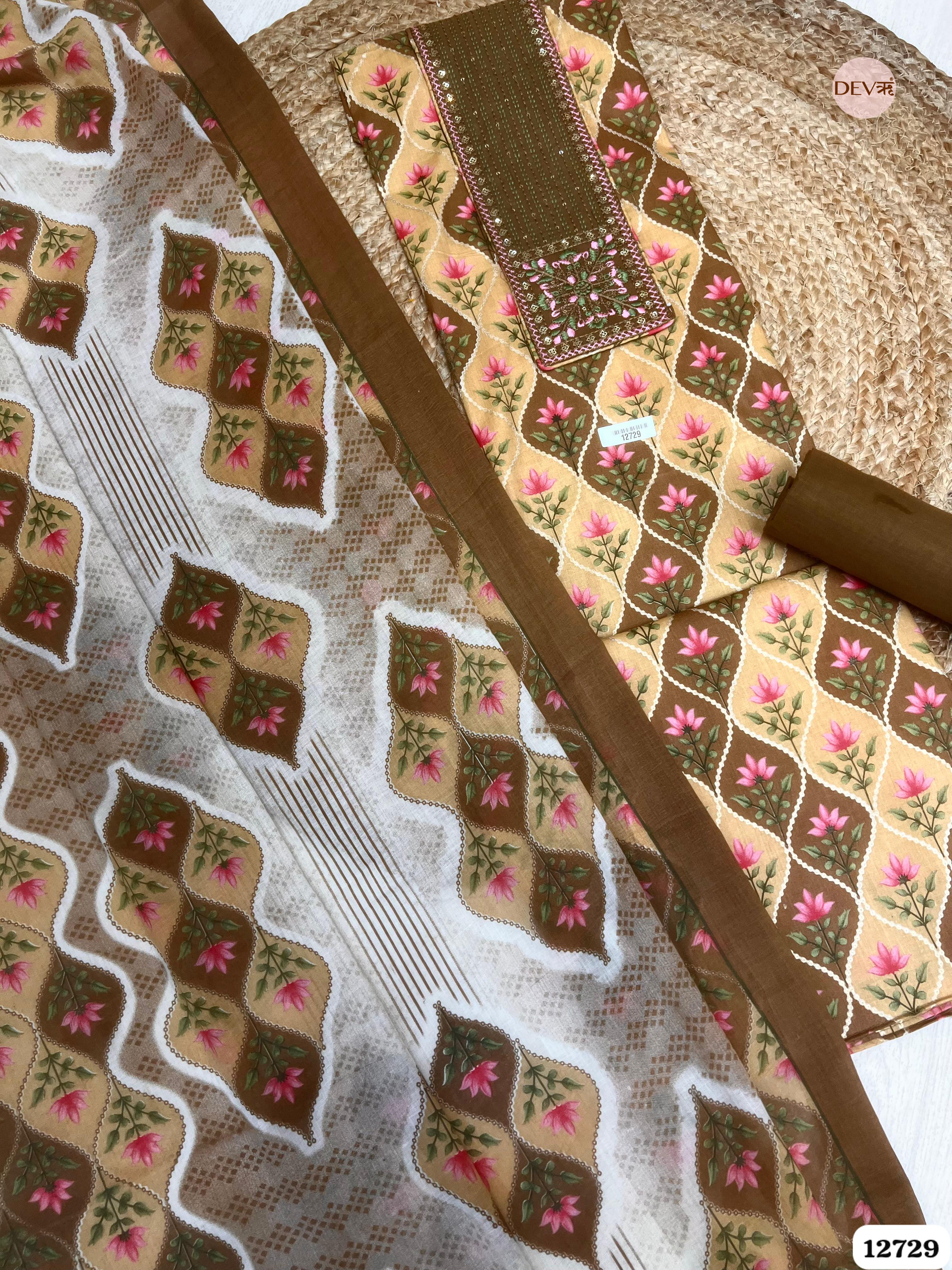 Brown Cotton Embroidered Unstitched 3-Piece Suit (Devri – D.No 12729)