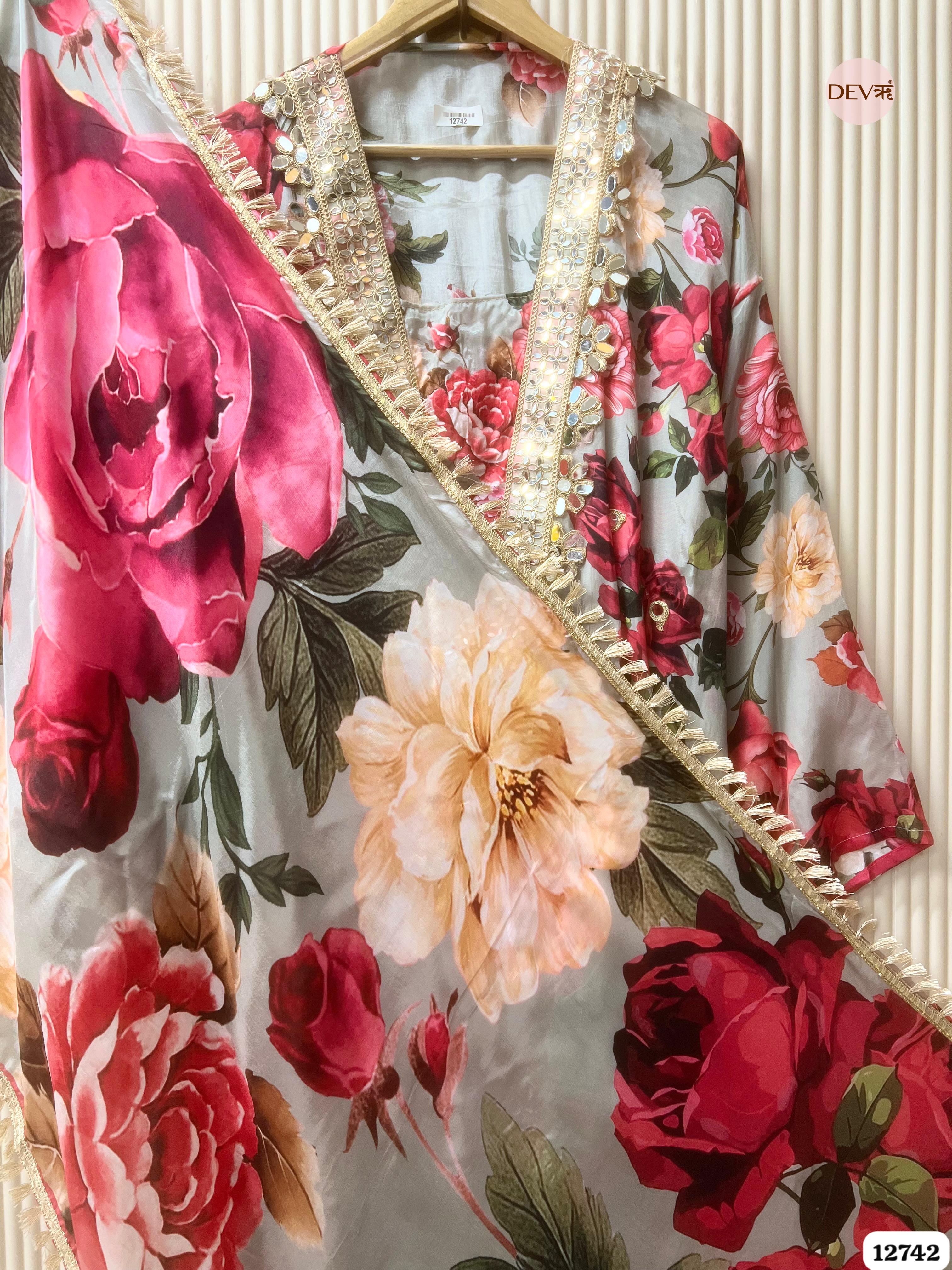 Grey Glass Organza Floral Printed Unstitched 3-Piece Suit (Devri – D.No 12742)