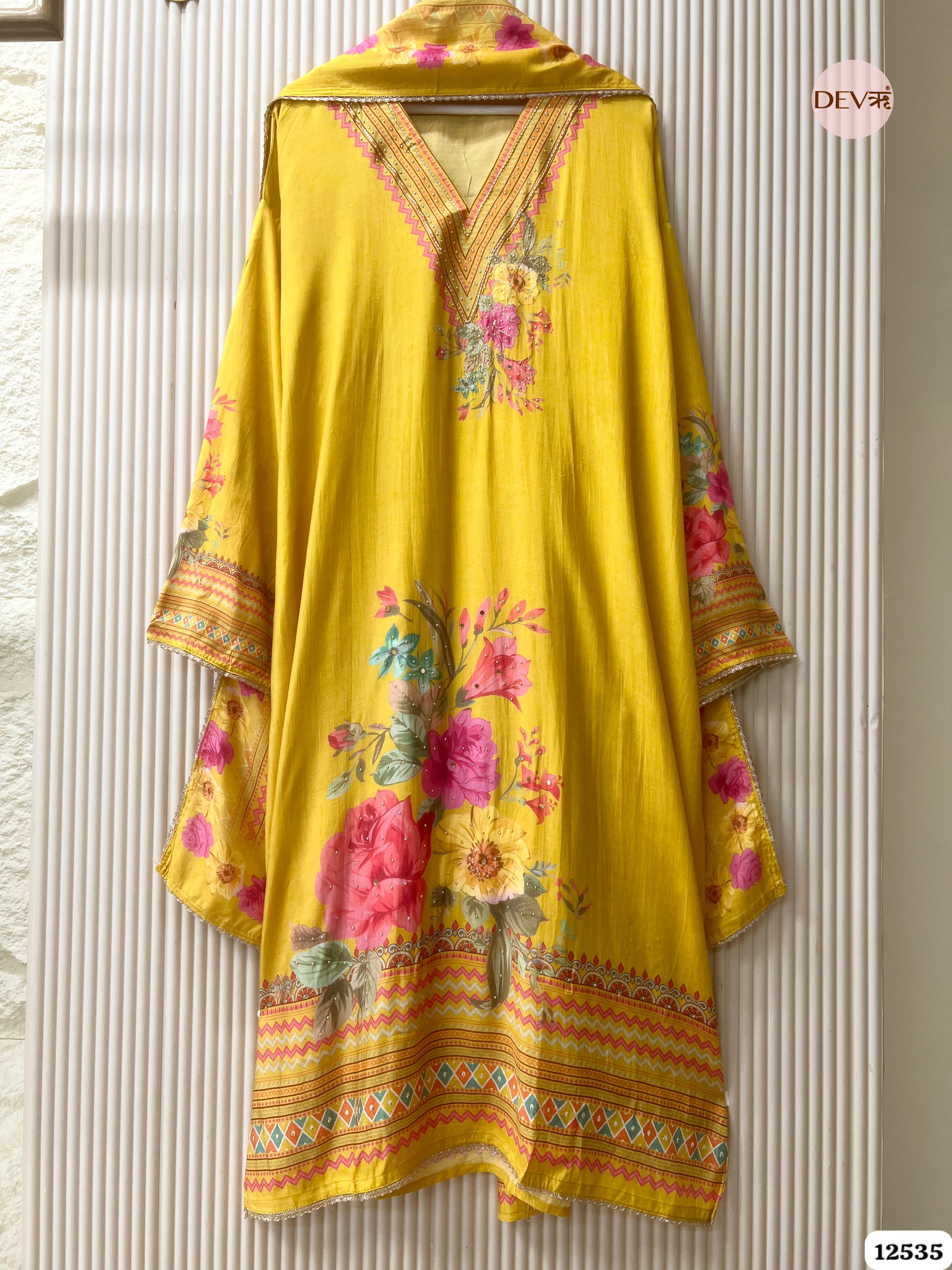Yellow Muslin Printed Unstitched 3-Piece Suit (Devri – D.No. 12535)