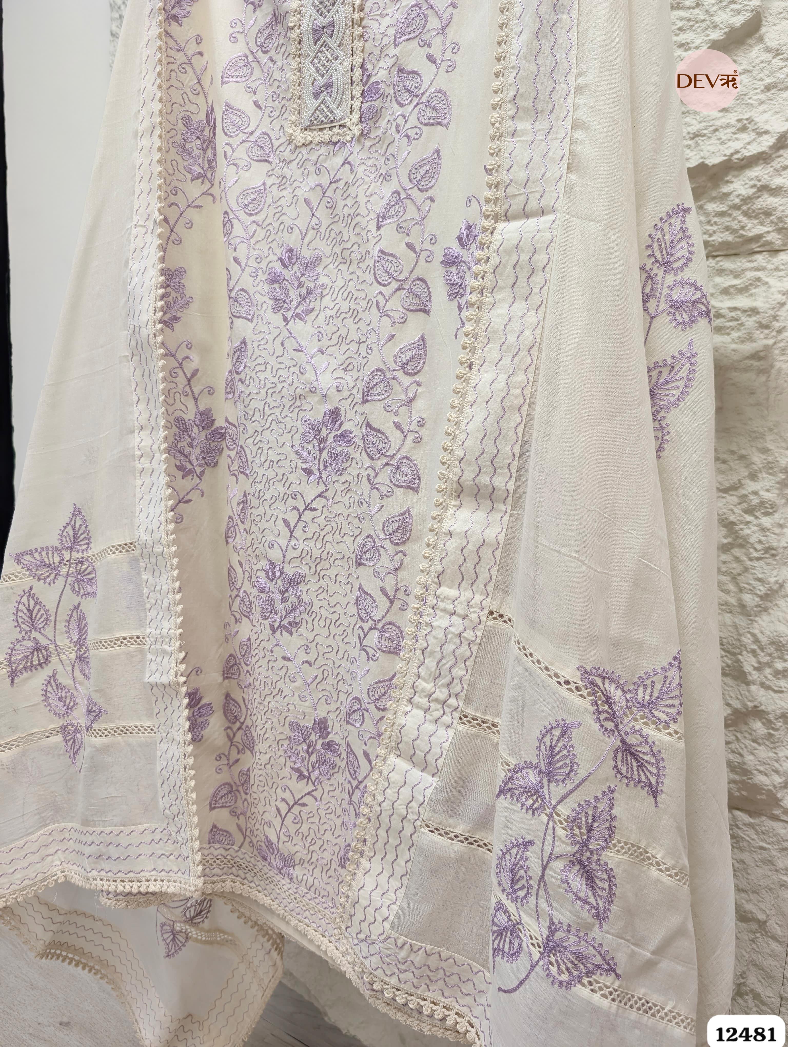 Lavender &; White Pure Cotton Embroidered Unstitched 3-Piece Suit (Devri – D.No 12481)