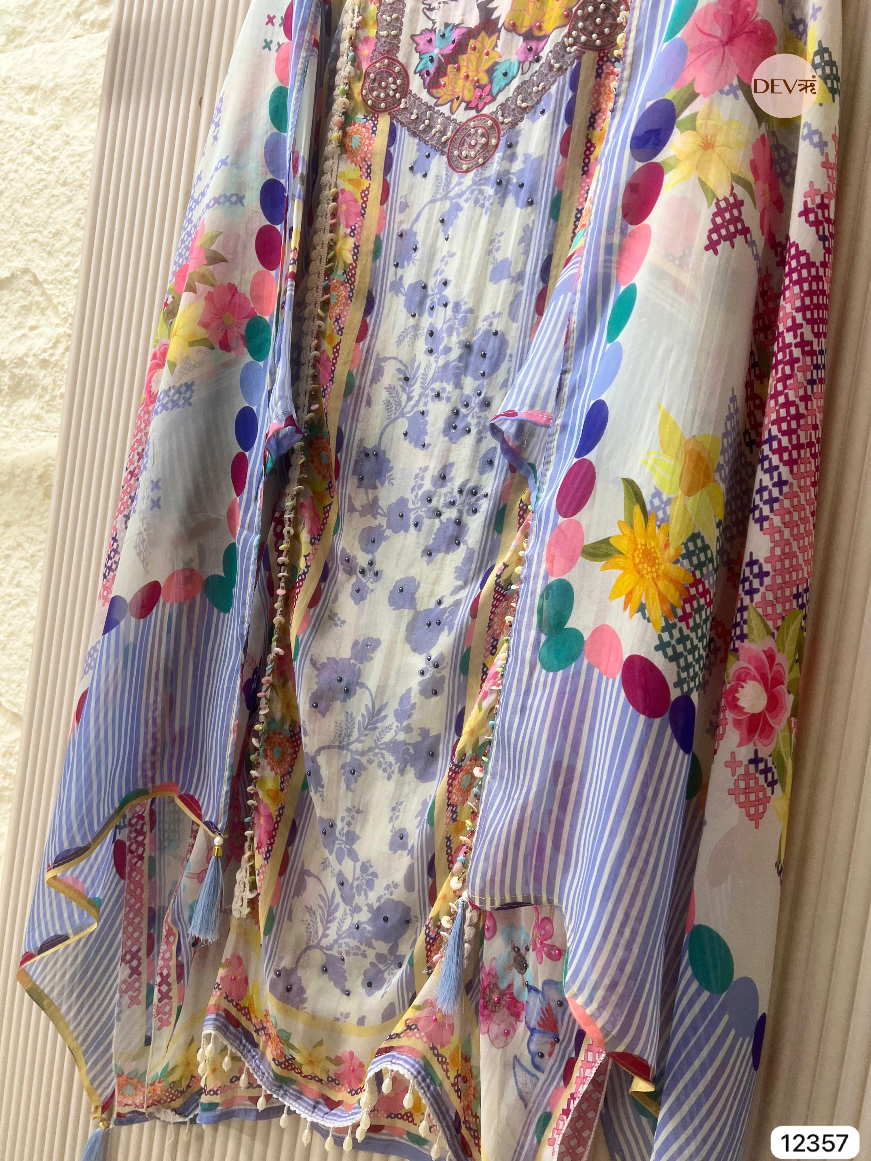 Pastel Blue Organza Embroidered Unstitched 3-Piece Suit (Devri – D.No 12357)