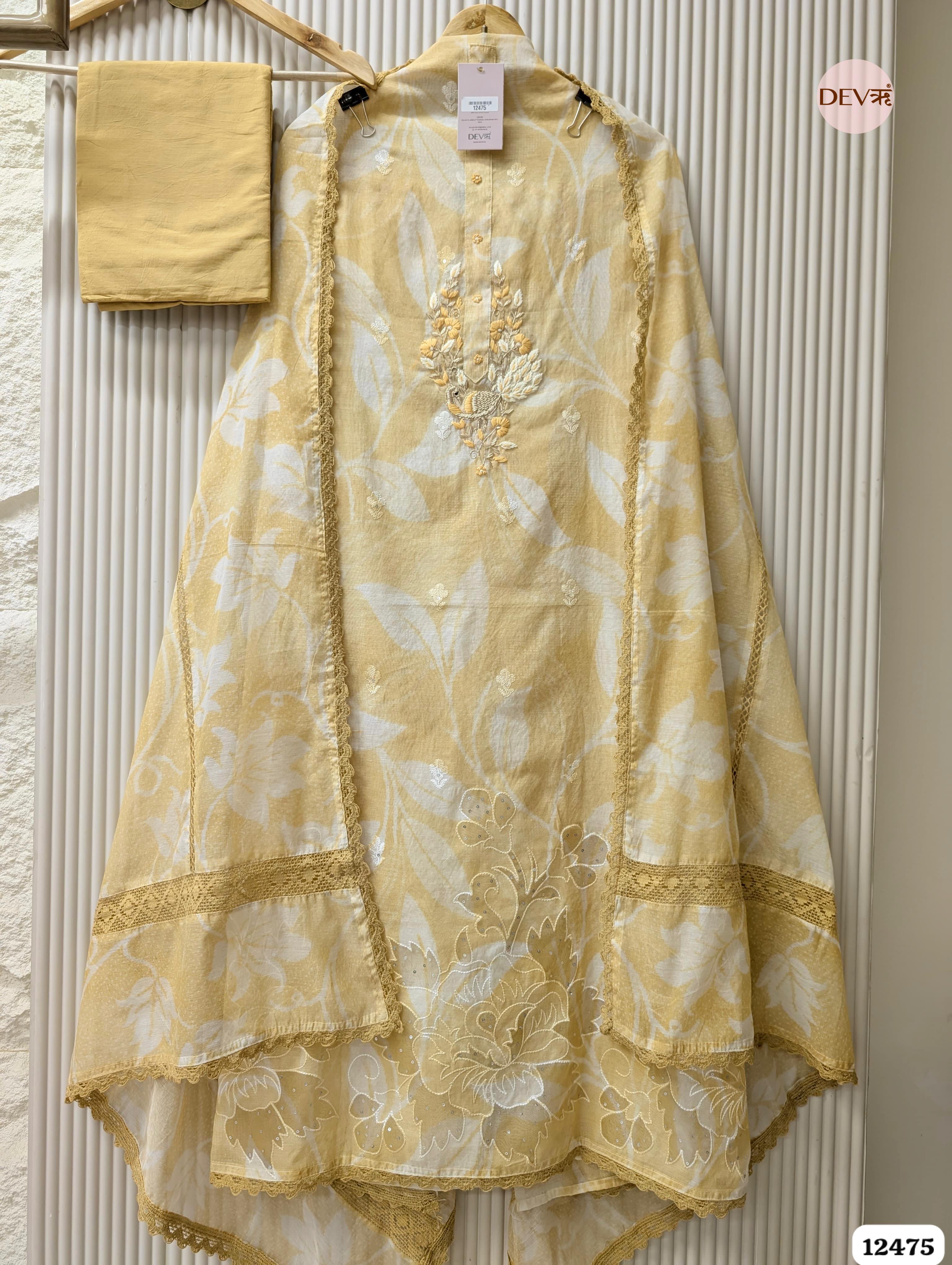 Soft Mustard Mul Chanderi Embroidered Unstitched 3-Piece Suit (Devri – D.No. 12475)