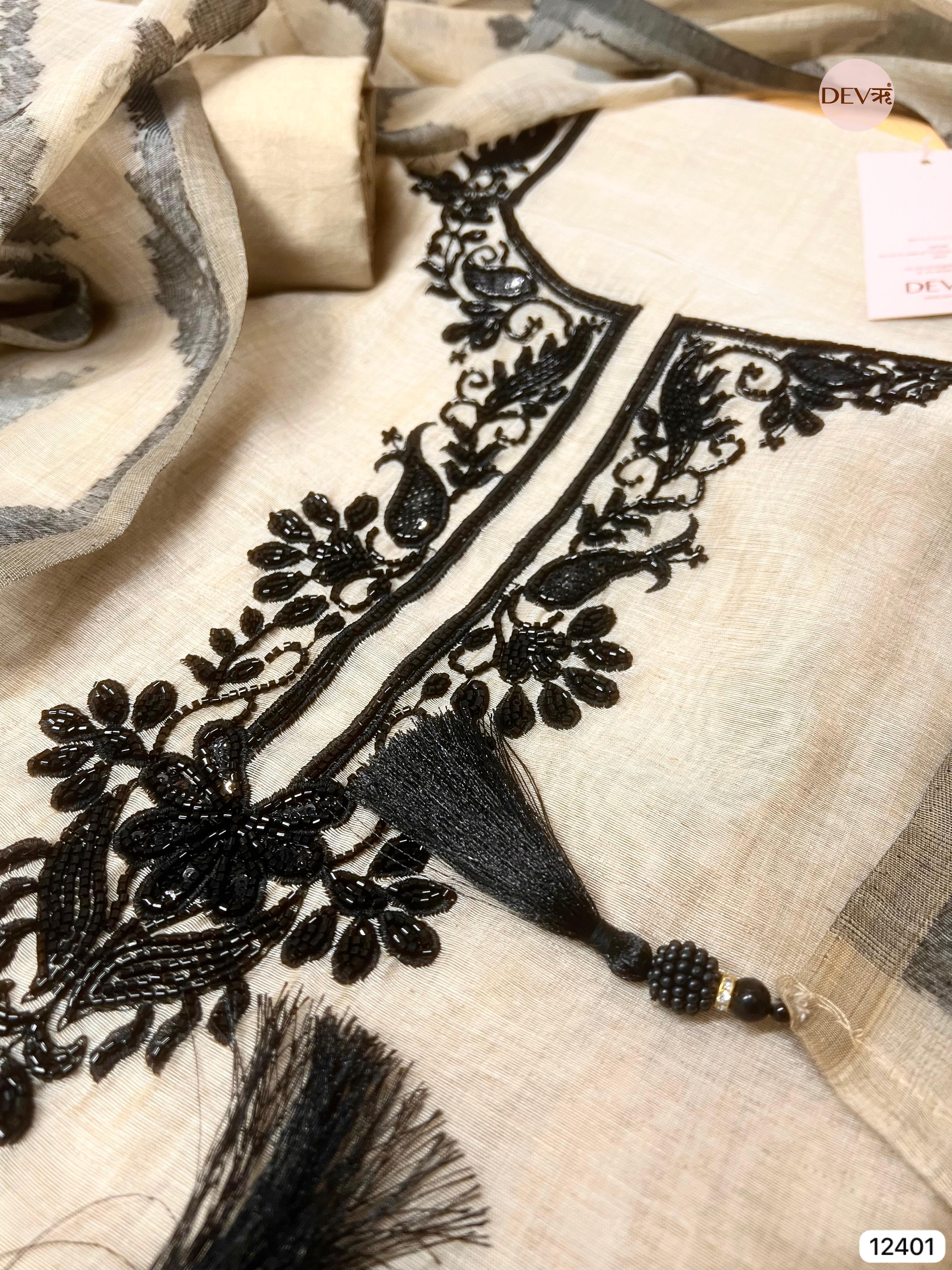 Beige Mul Chanderi Embroidered Unstitched 3-Piece Suit (Devri – D.No 12401)