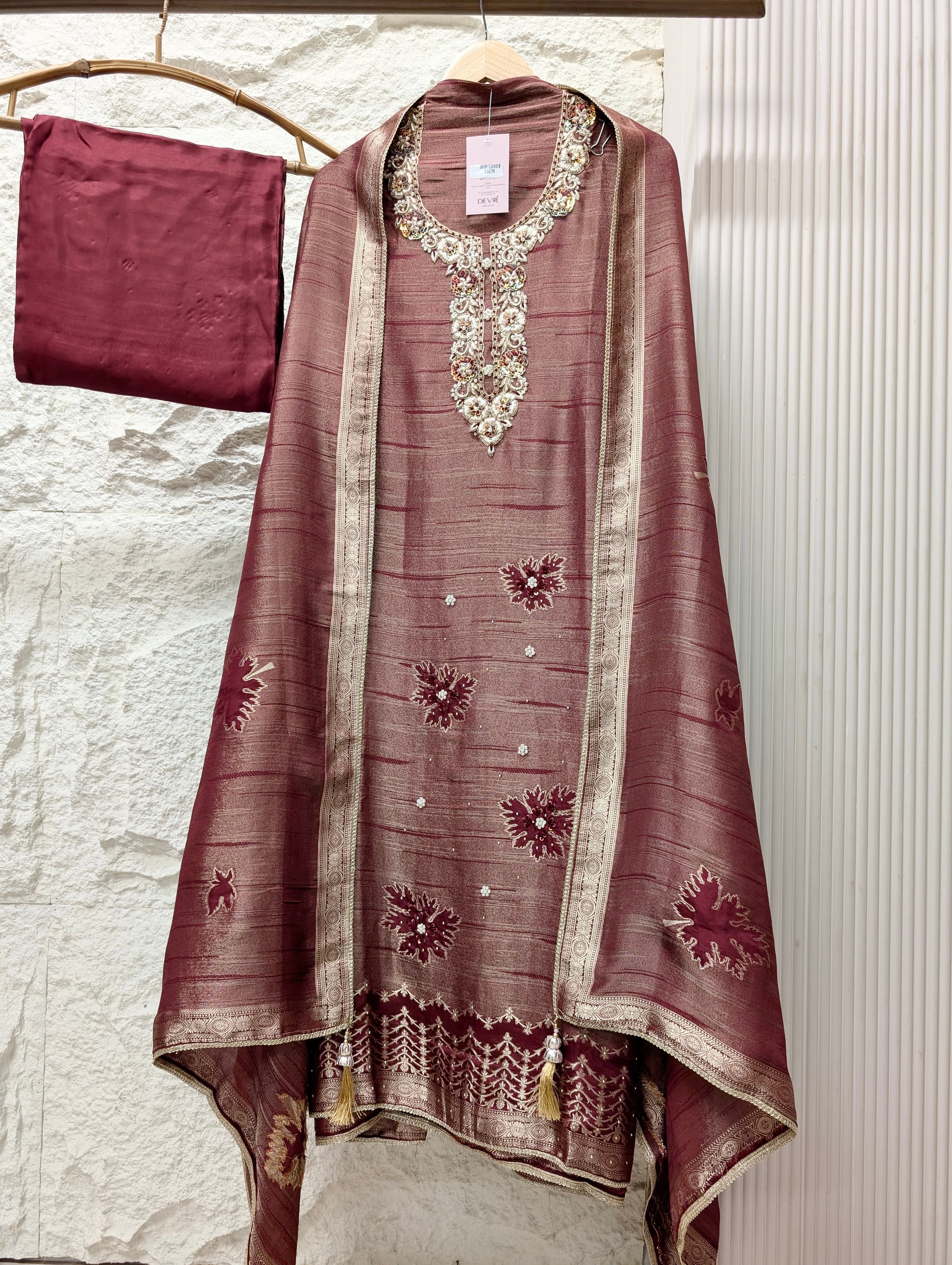 Wine Pure Girafe Banarasi Silk Embroidered Unstitched 3-Piece Suit (Devri – D.No 13638)