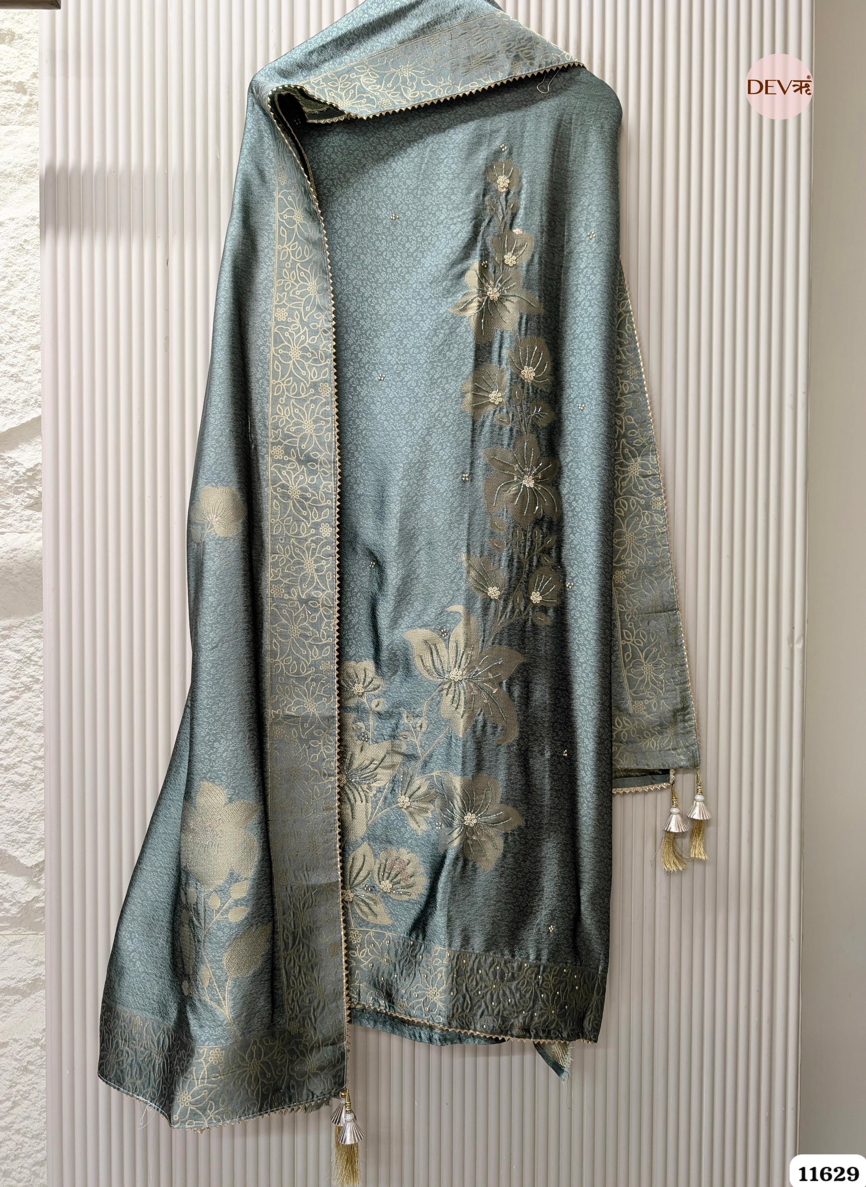 Teal Banarasi Silk Woven Unstitched 3-Piece Suit (Devri – D.No. 11629)