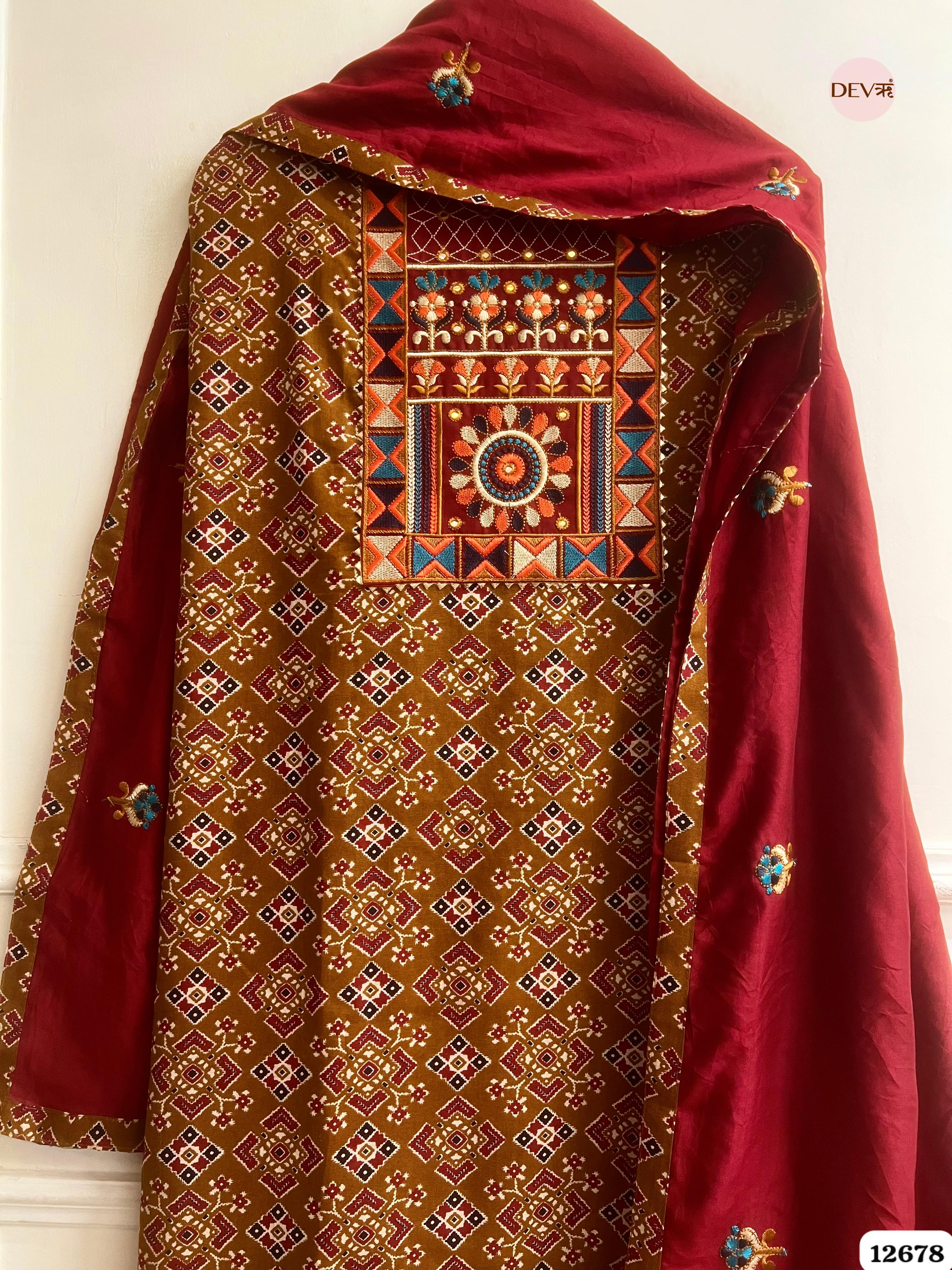 Mustard and Maroon Modal Silk Printed Unstitched 3-Piece Suit (Devri – D.No 12678)