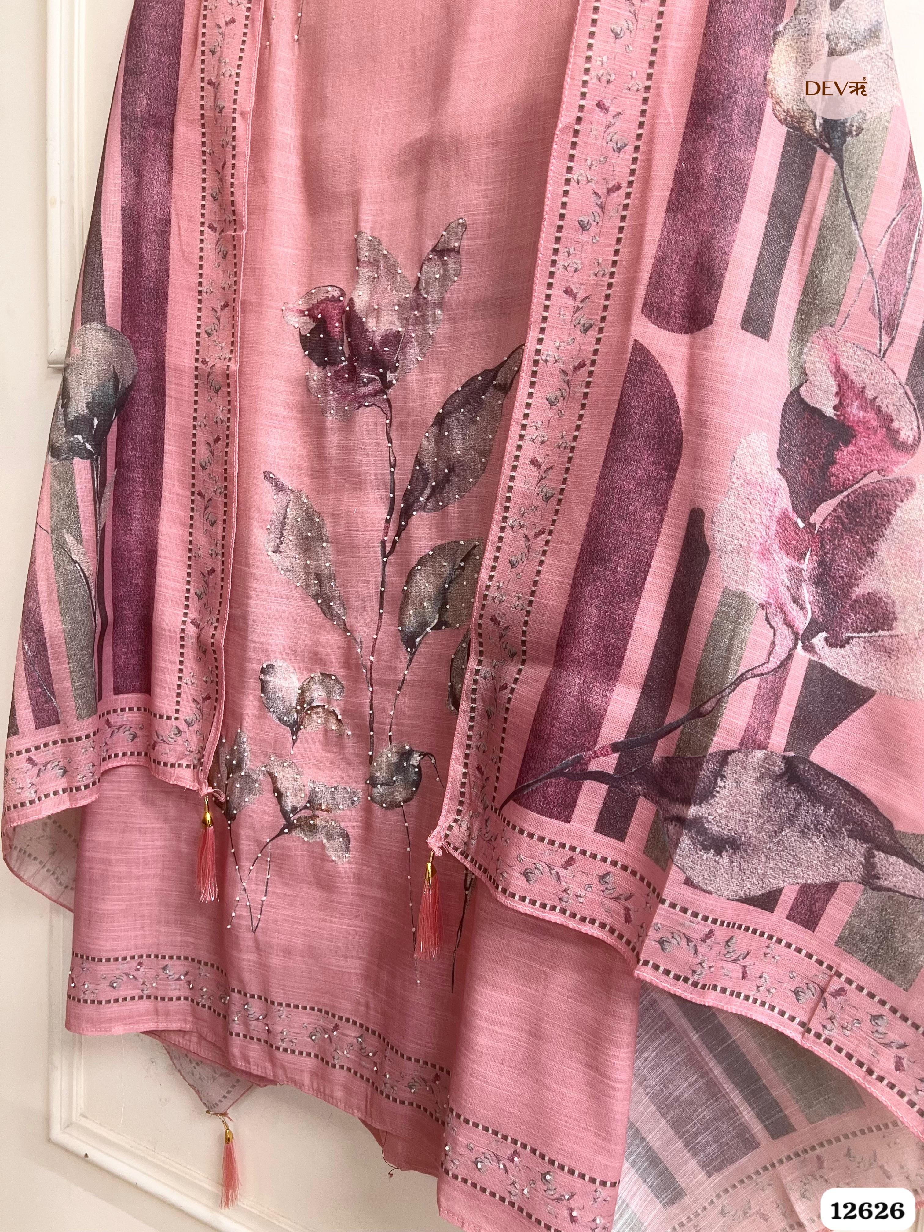Pink Linen Printed Unstitched 3-Piece Suit (Devri – D.No 12626)