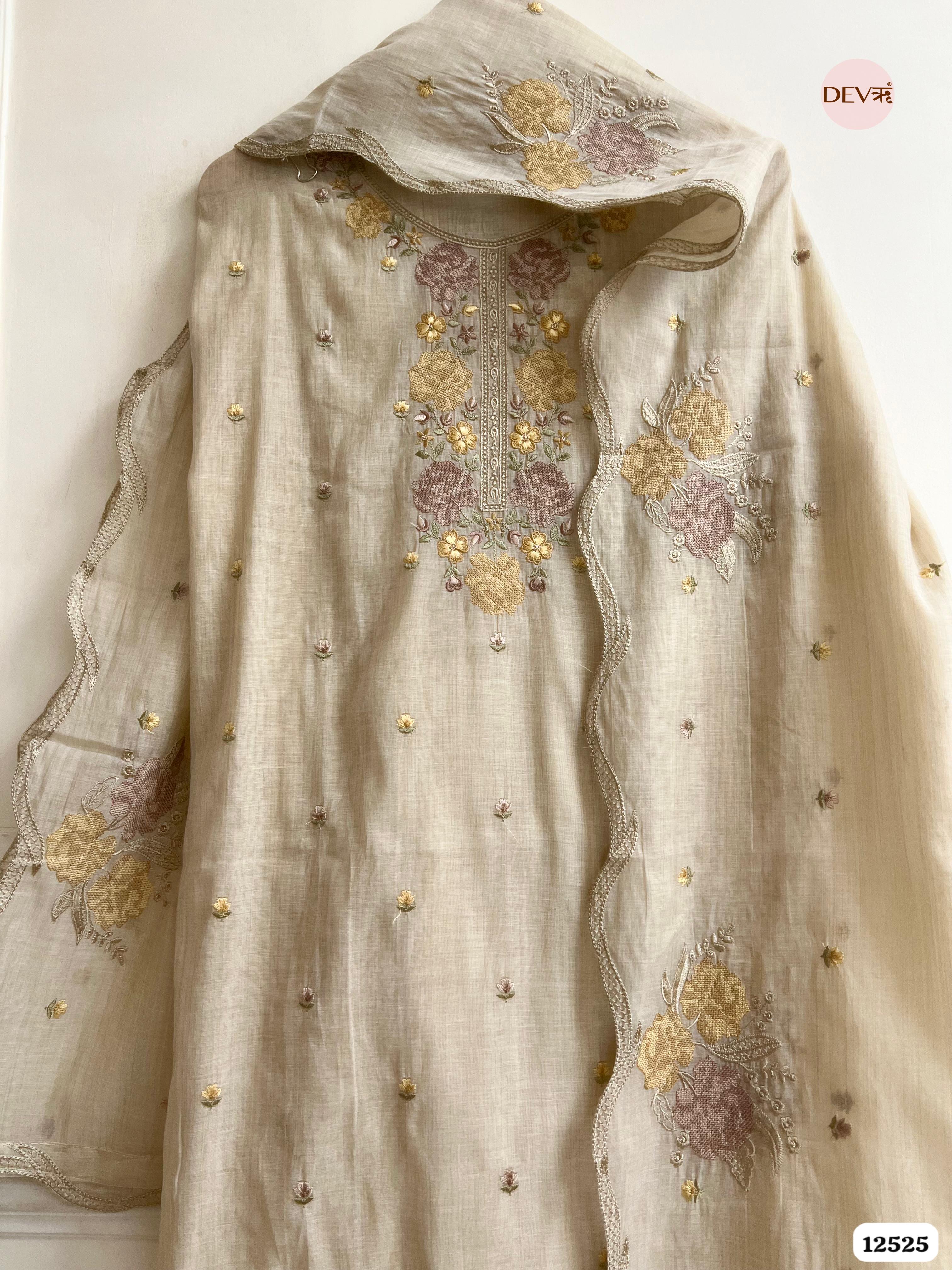 baige Mul Chanderi Embroidered Unstitched 3-Piece Suit (Devri – D.No . 12525)