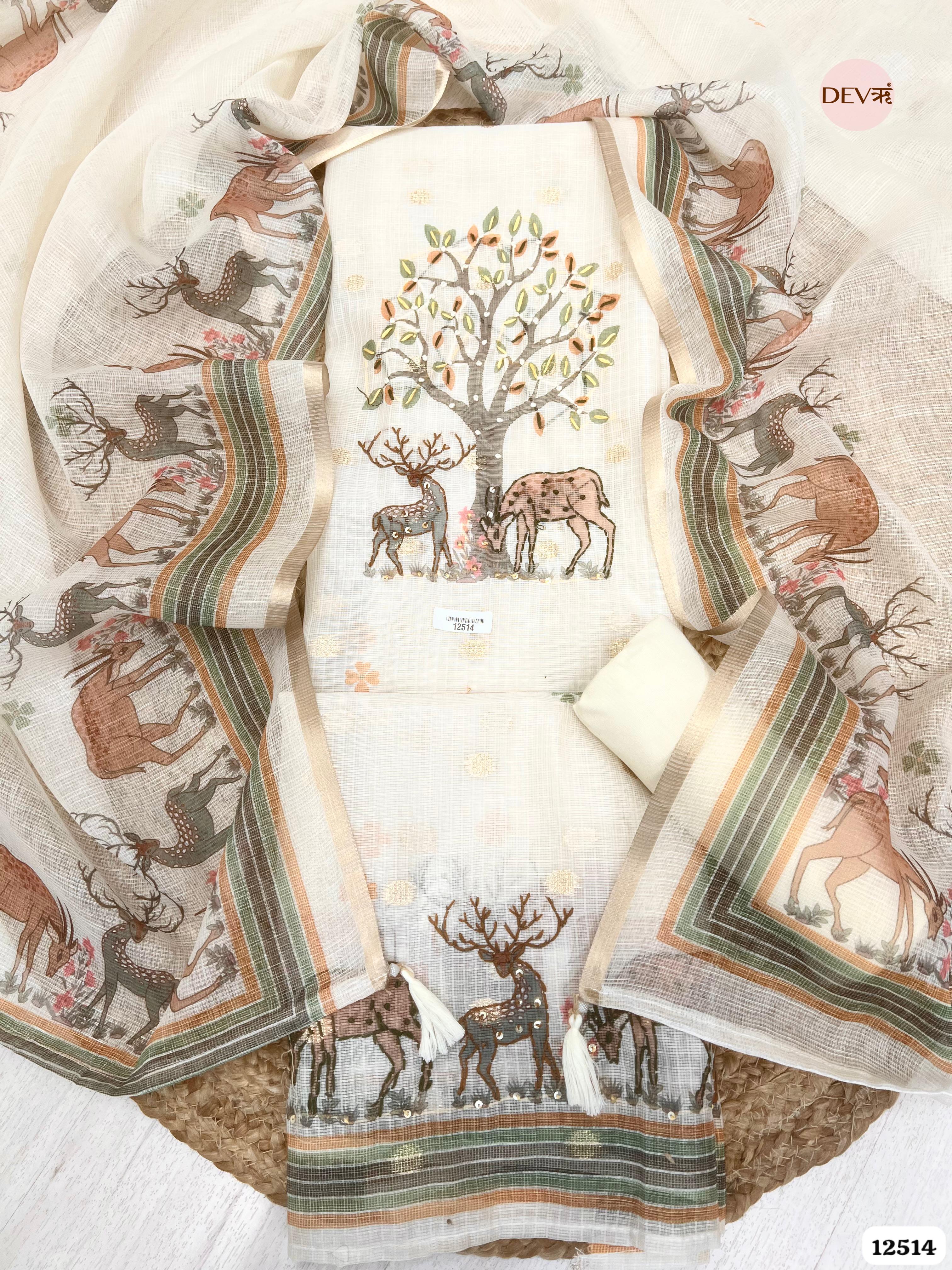 Cream Kota Silk Embroidered Unstitched 3-Piece Suit (Devri – D.No 12514)