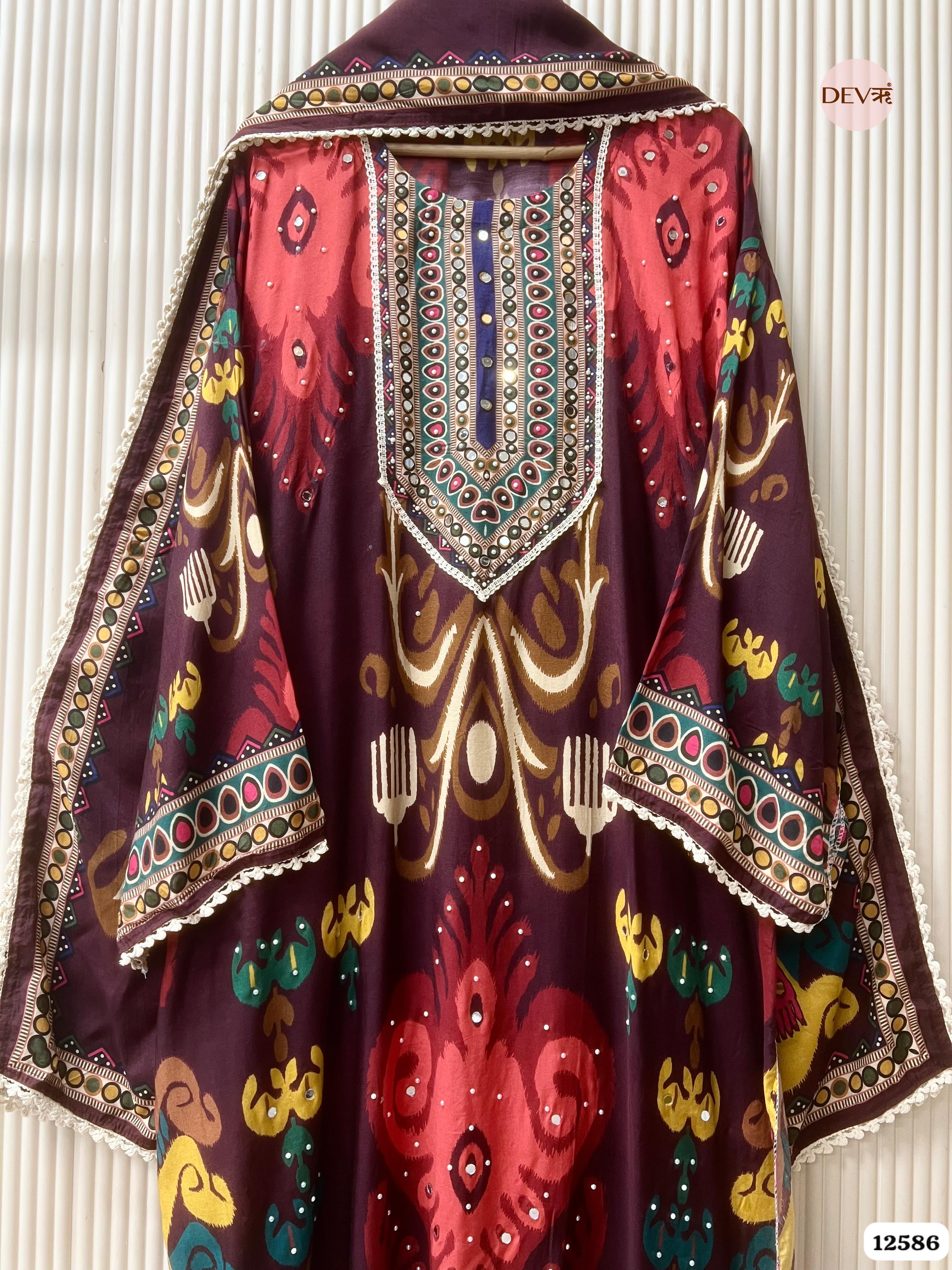 Deep Wine Muslin Printed Unstitched 3-Piece Suit (Devri – D.No 12586)