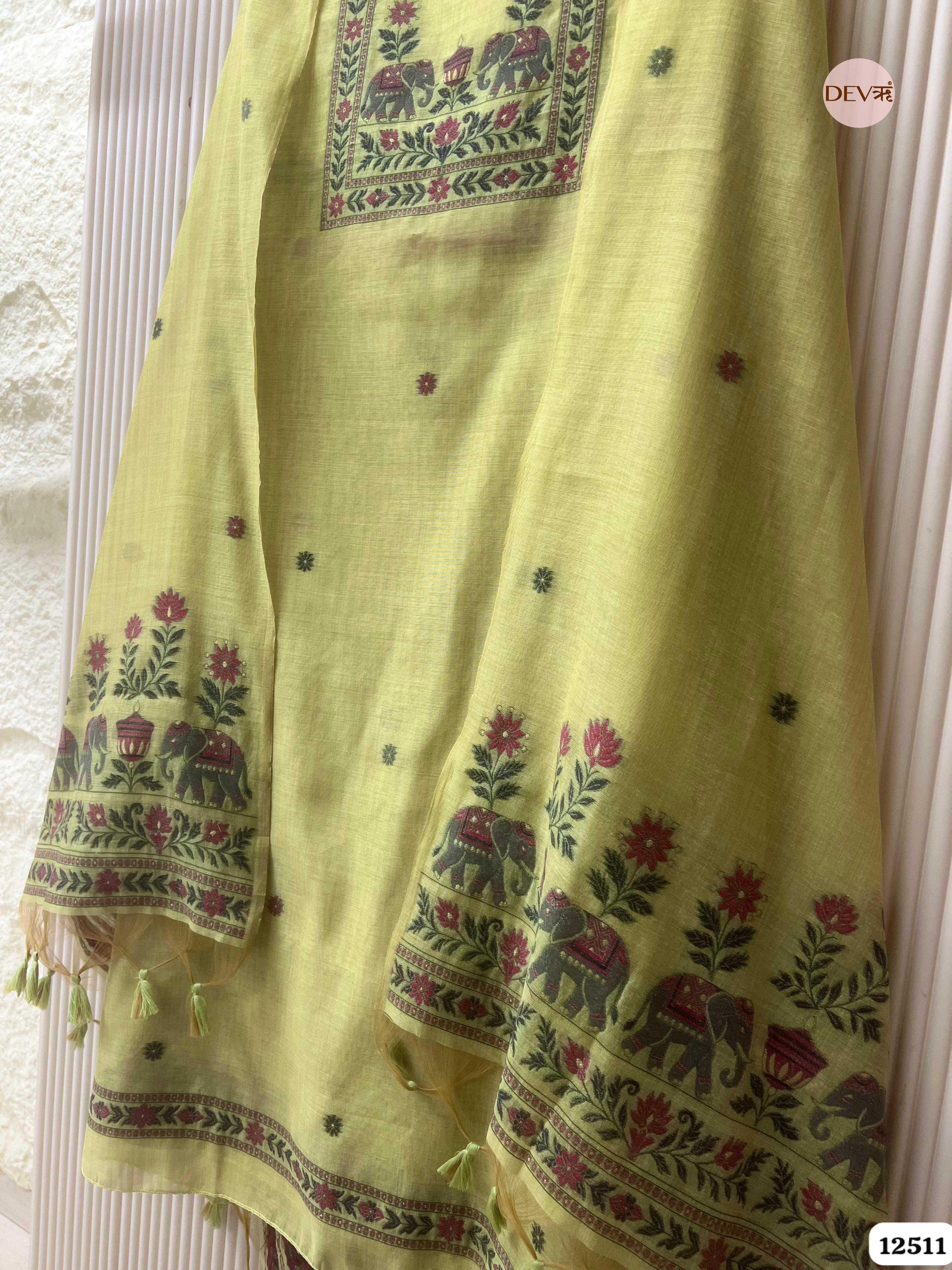 Lime Green Jamdani Embroidered Unstitched 3-Piece Suit (Devri – D.No 12511)
