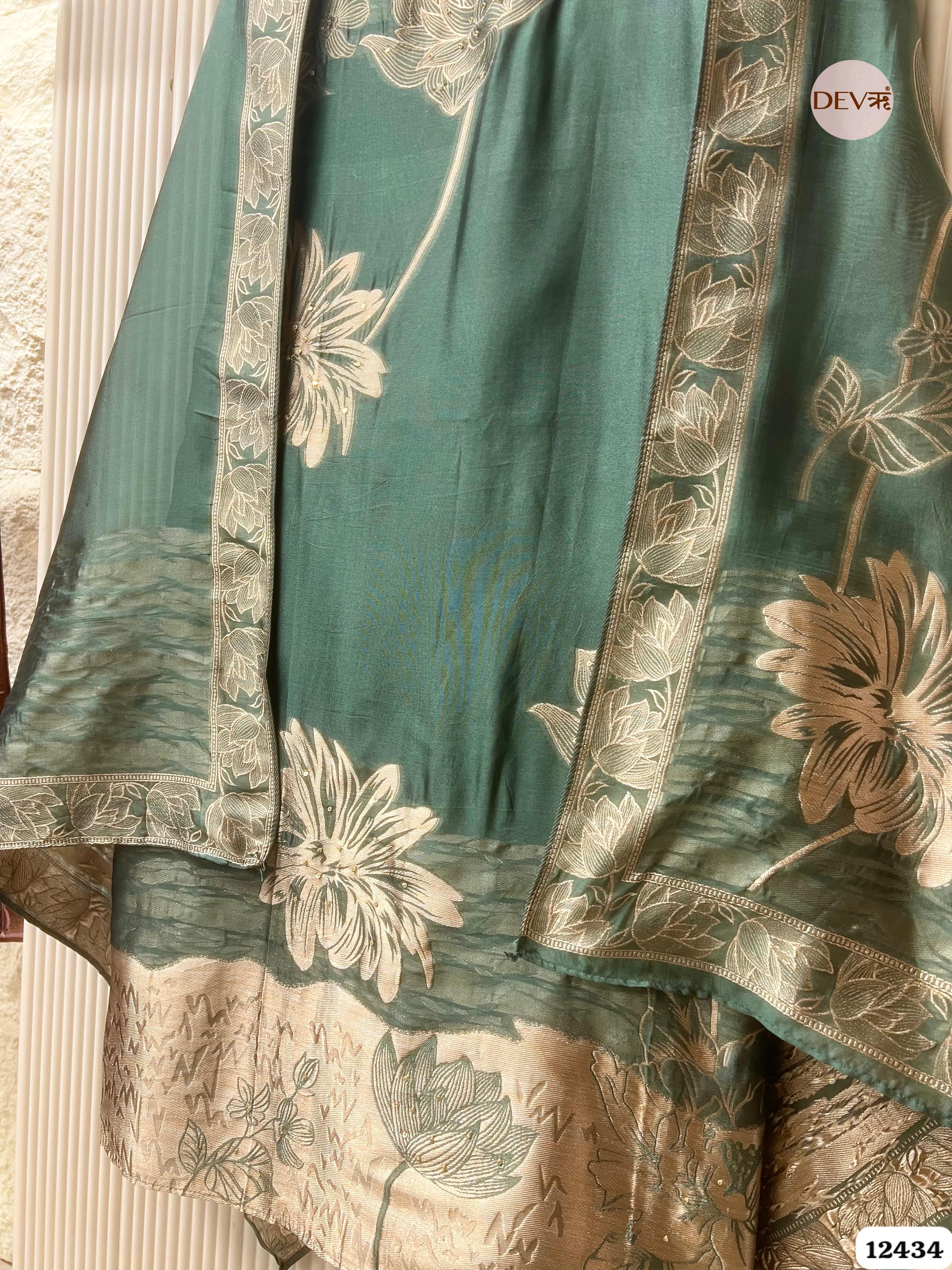 Deep Teal Banarasi Silk Embroidered Unstitched 3-Piece Suit (Devri – D.No. 12434 )