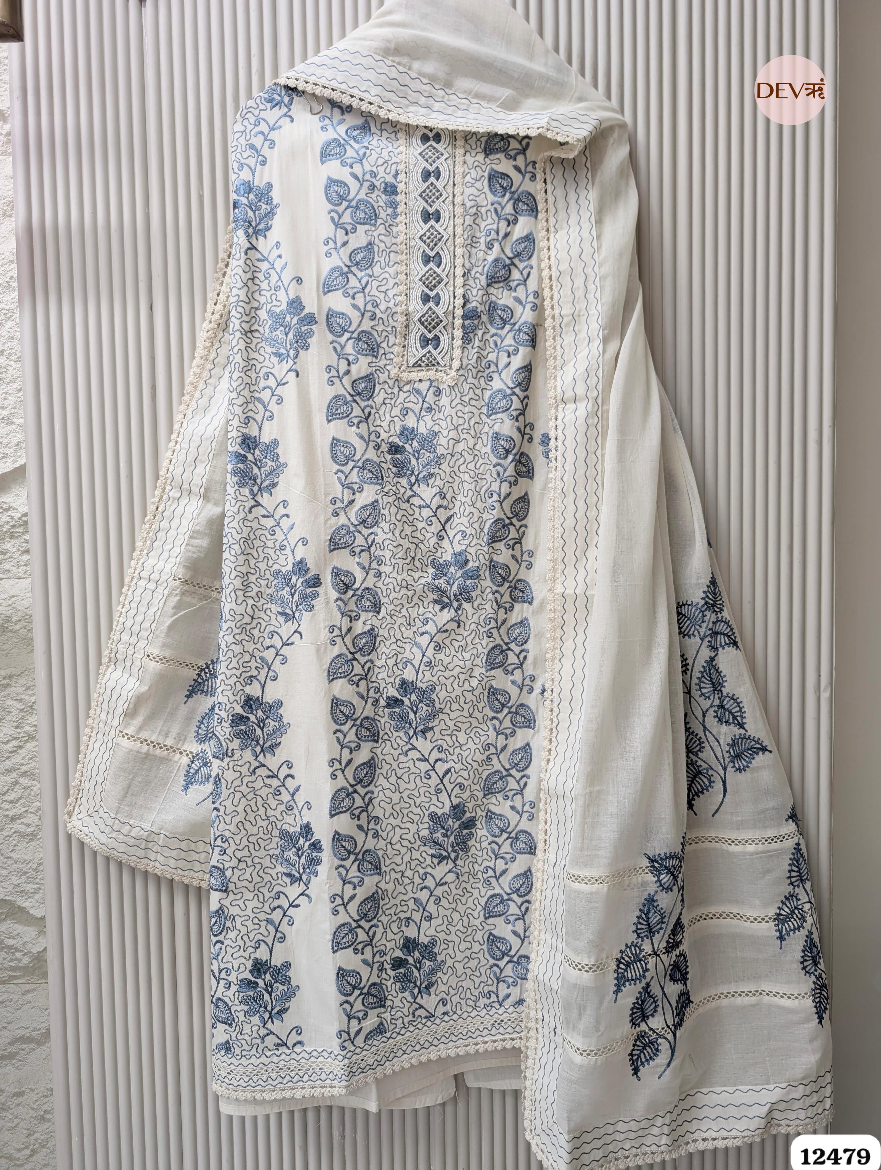 Teal Blue & White Pure Cotton Embroidered Unstitched 3-Piece Suit (Devri – D.No 12479)