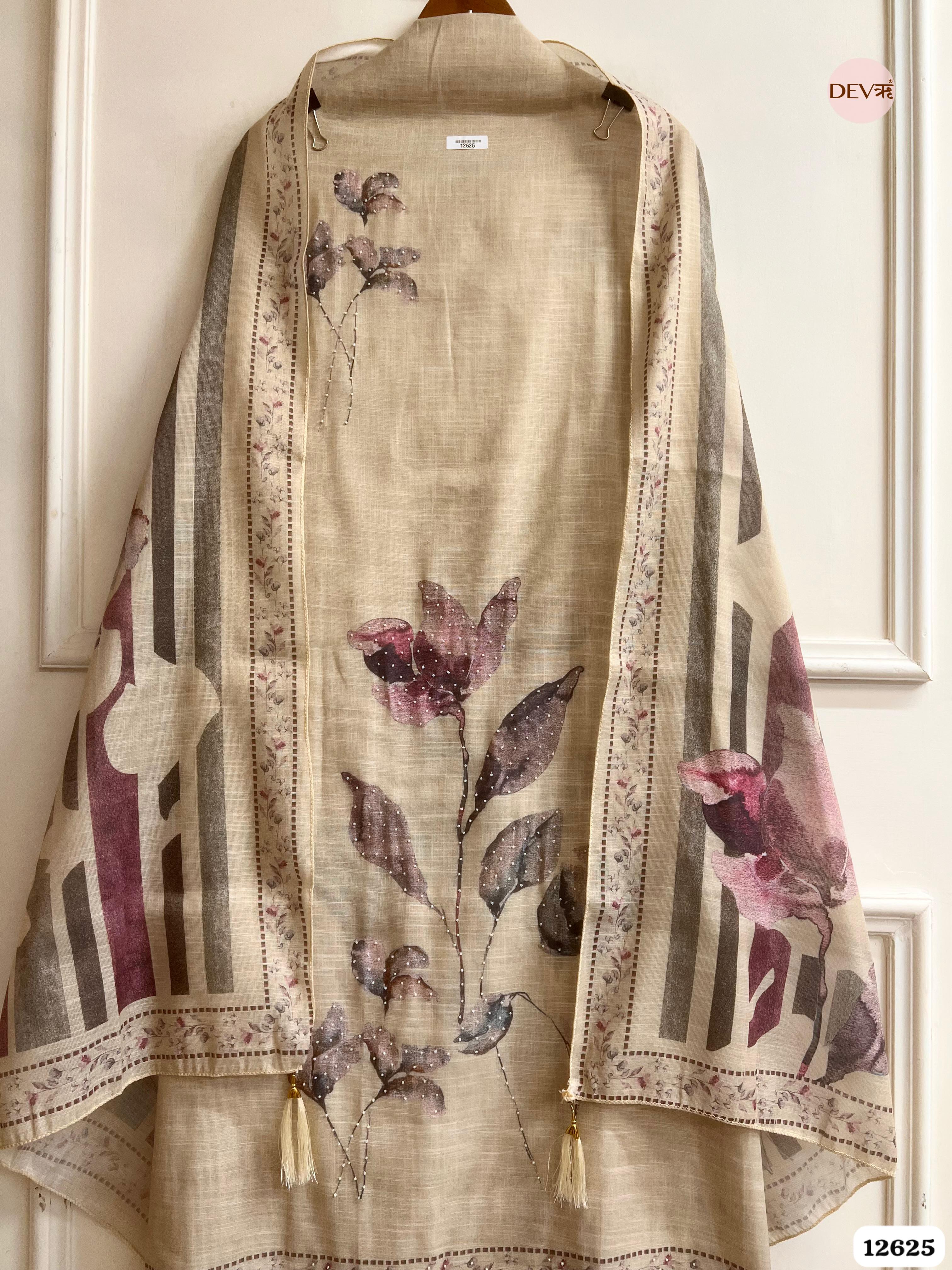 Beige Linen Printed Unstitched 3-Piece Suit (Devri – D.No 12625)