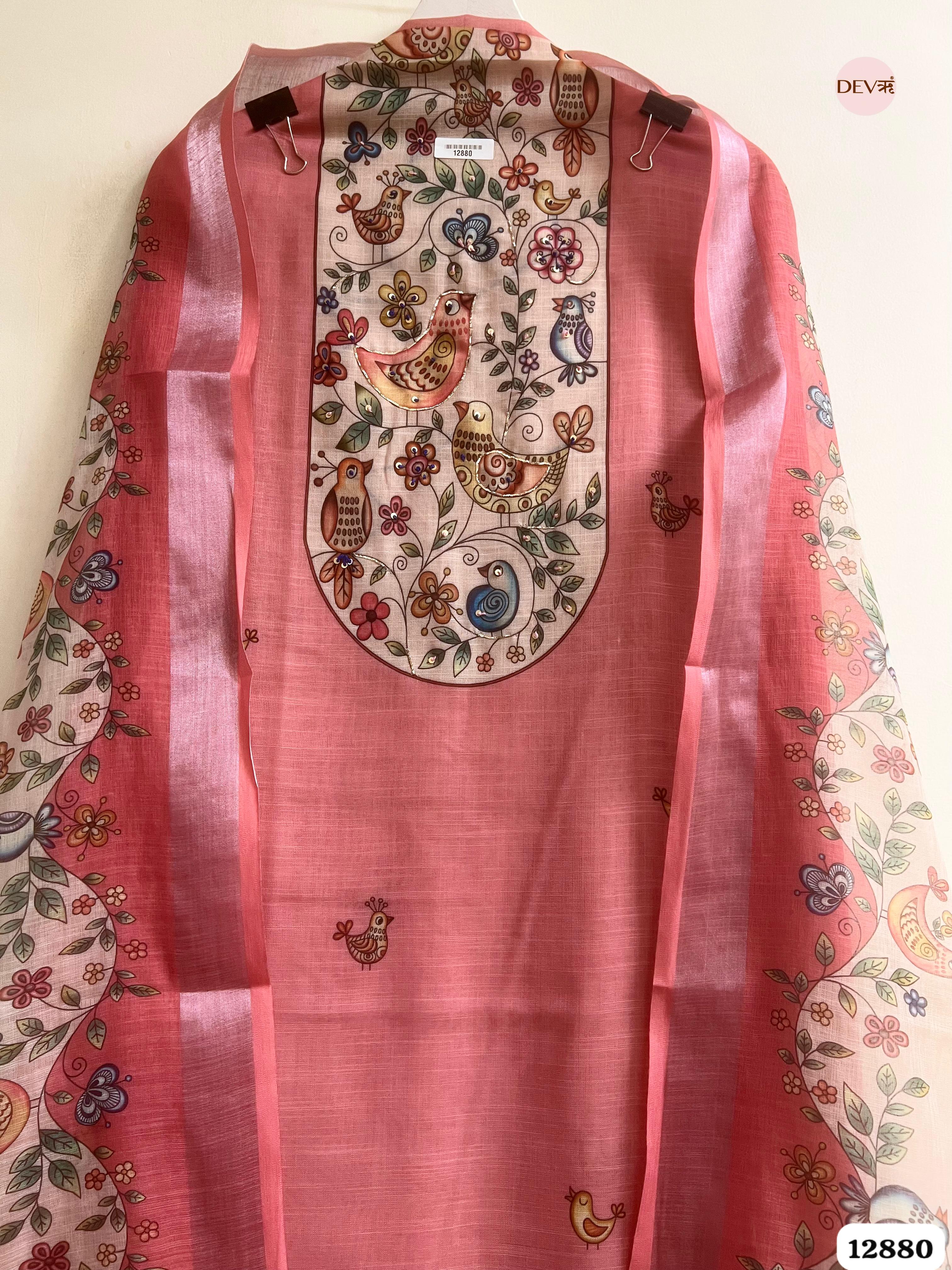 Pink Linen Cotton Printed Unstitched 3-Piece Suit (Devri – D.No 12880)