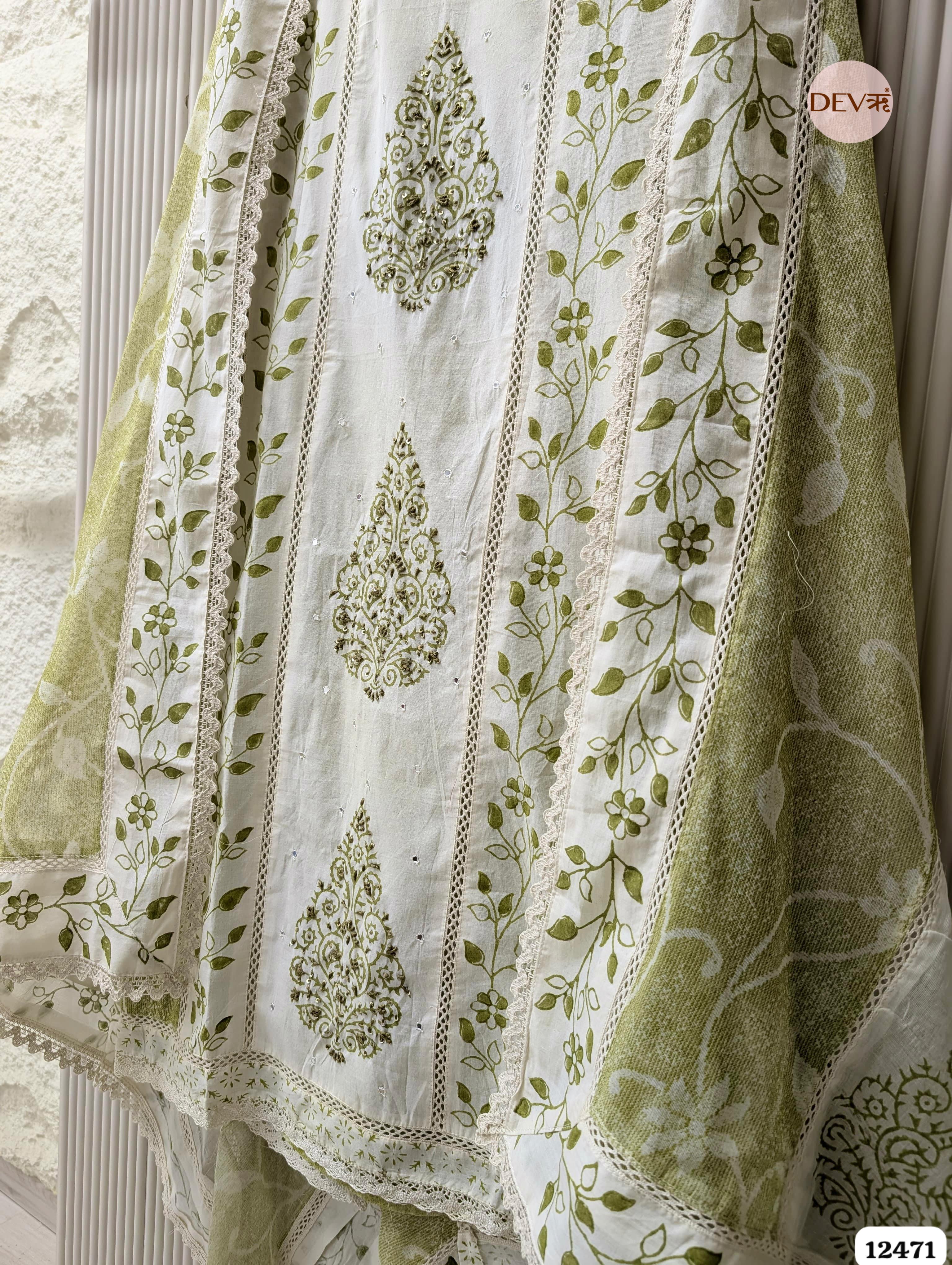Olive Green & White Pure Cotton Printed & Embroidered Unstitched 3-Piece Suit (Devri – D.No 12471)