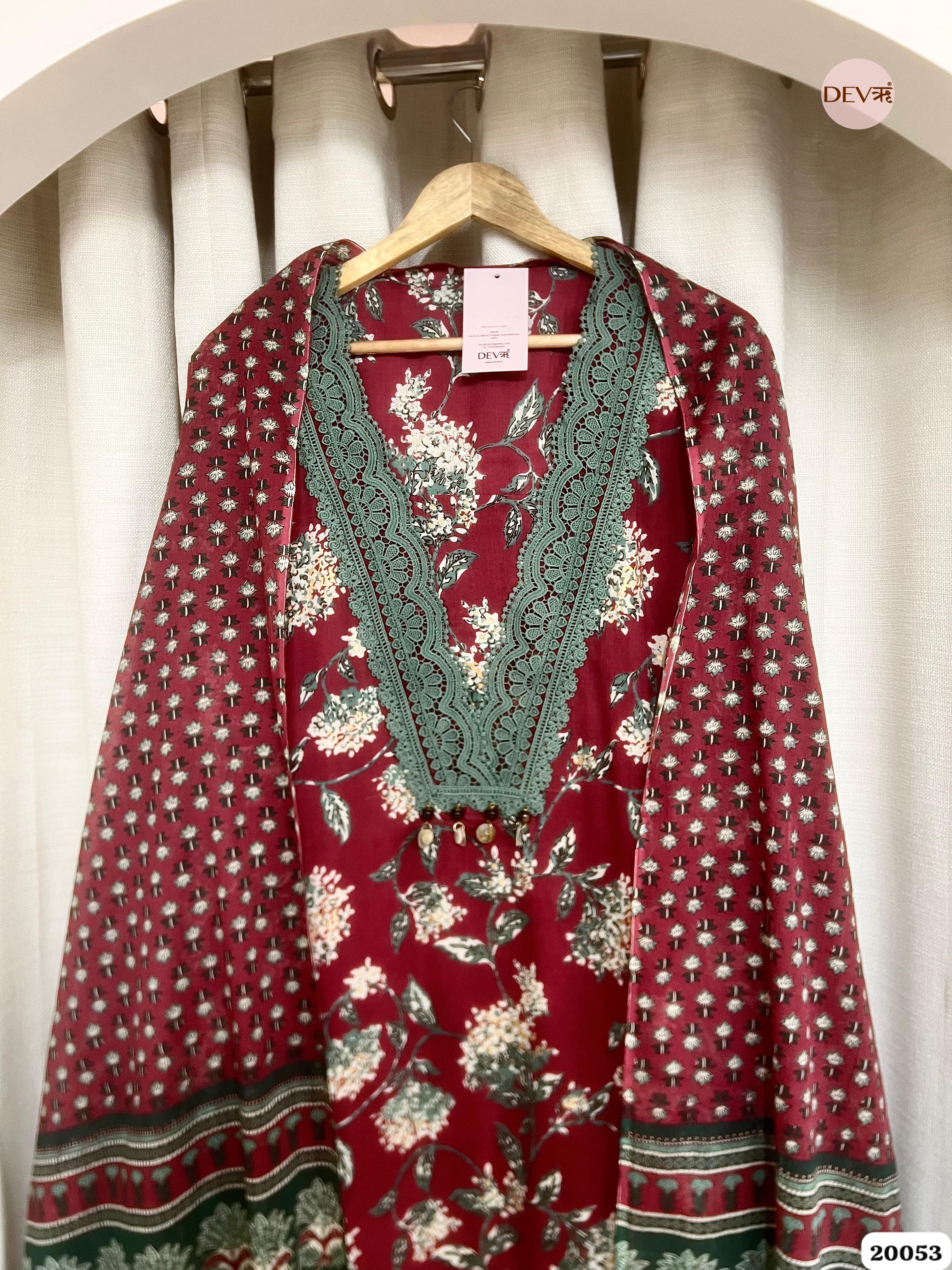 Maroon Pure Cotton Printed Unstitched 3-Piece Suit (Devri – D.No. 20053)