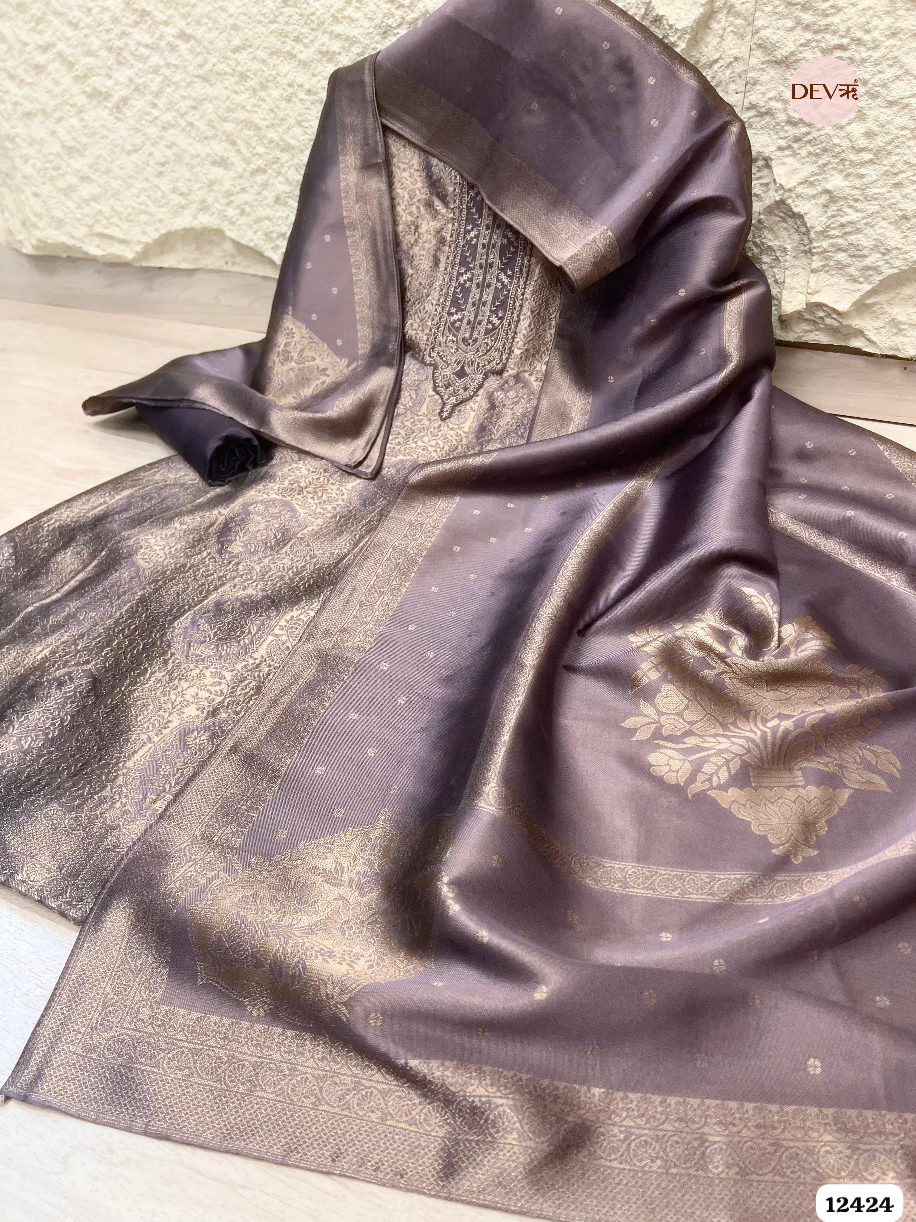 Dusty Mauve Banarasi Silk Printed Unstitched 3-Piece Suit (Devri – D.No. 12424)