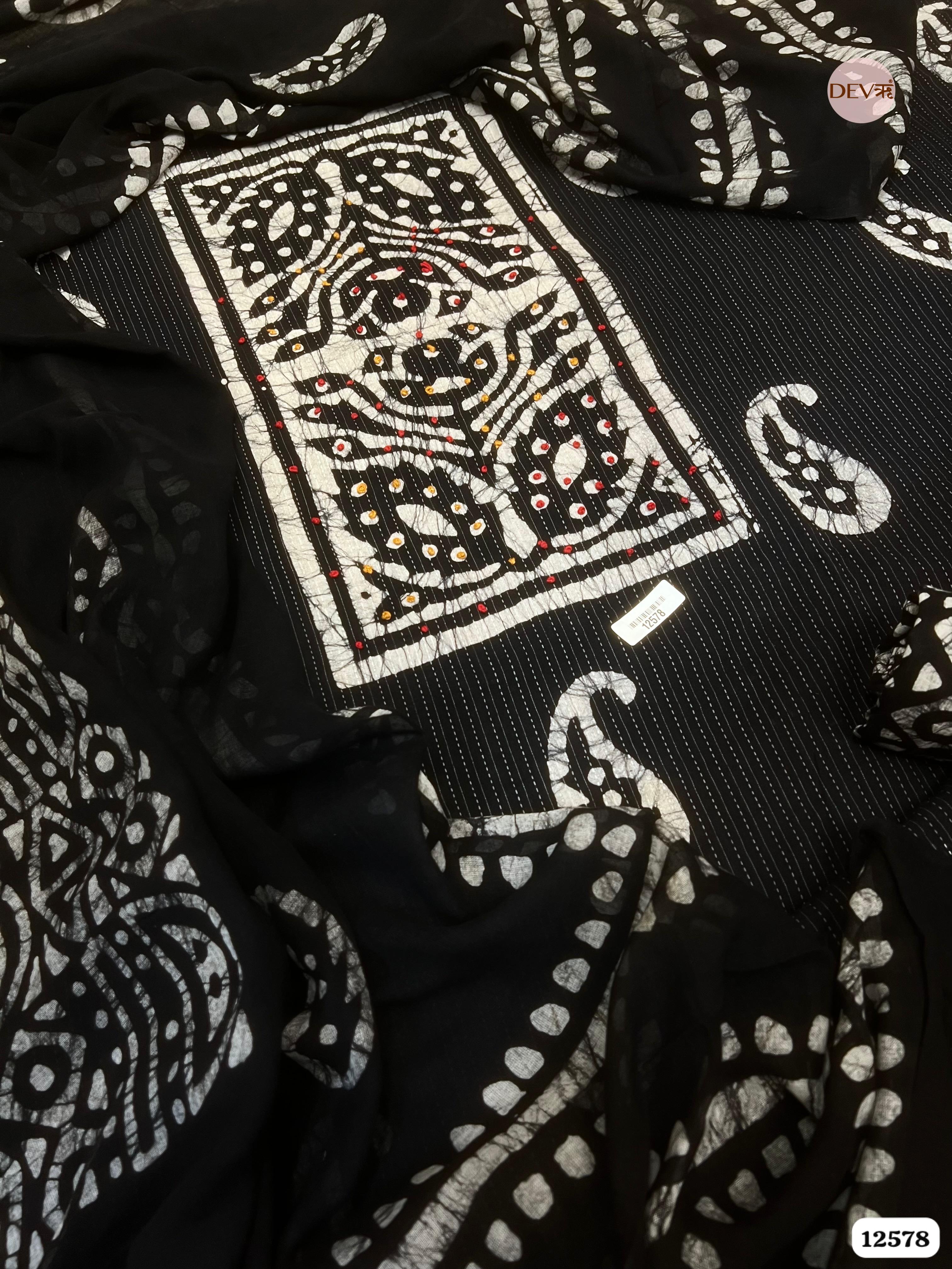Black Cotton Batik Printed Unstitched 3-Piece Suit (Devri – D.No 12578)