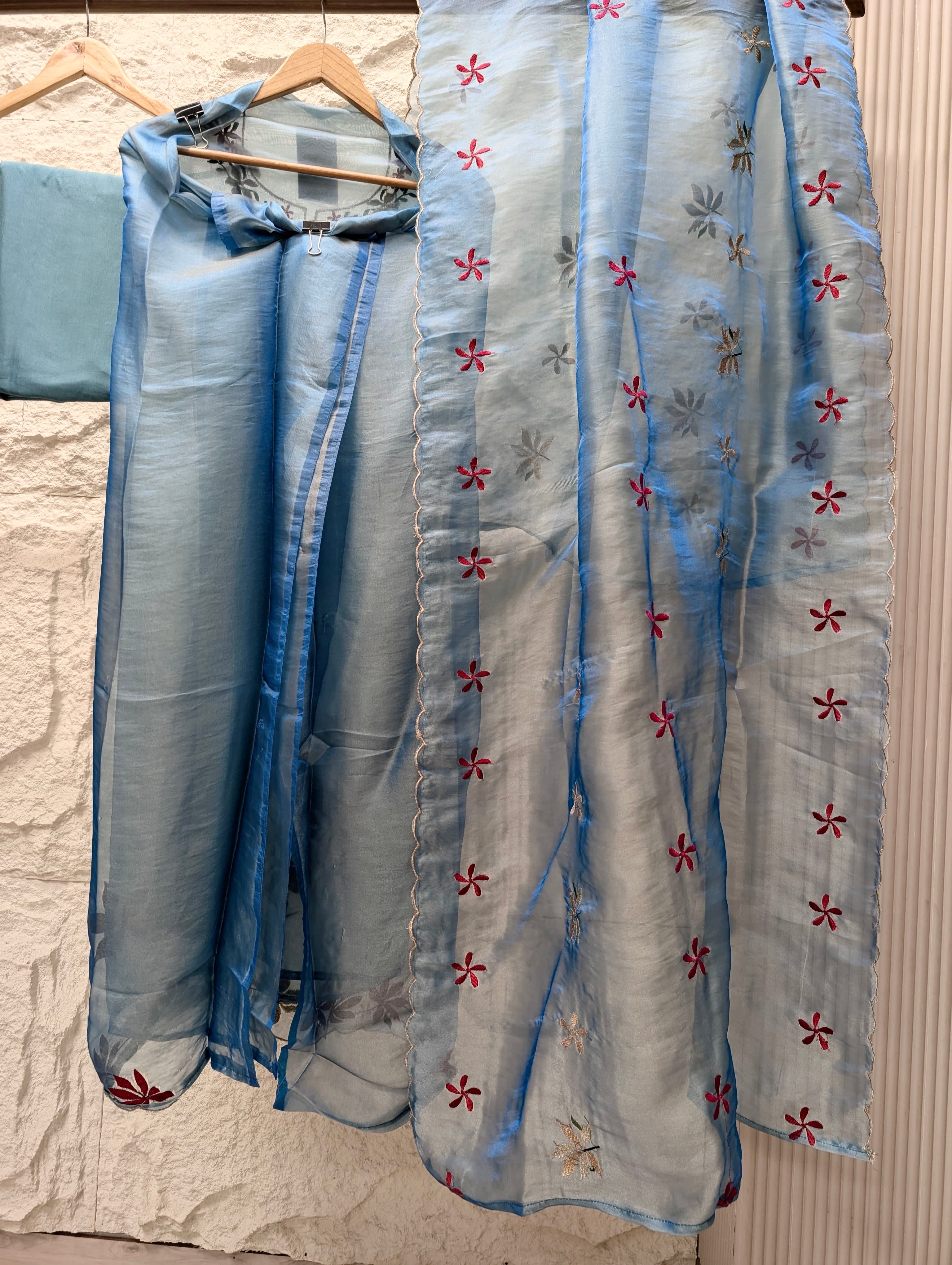 Blue Crush Tissue Silk Embroidered Unstitched 3-Piece Suit (Devri – D.No 13604)