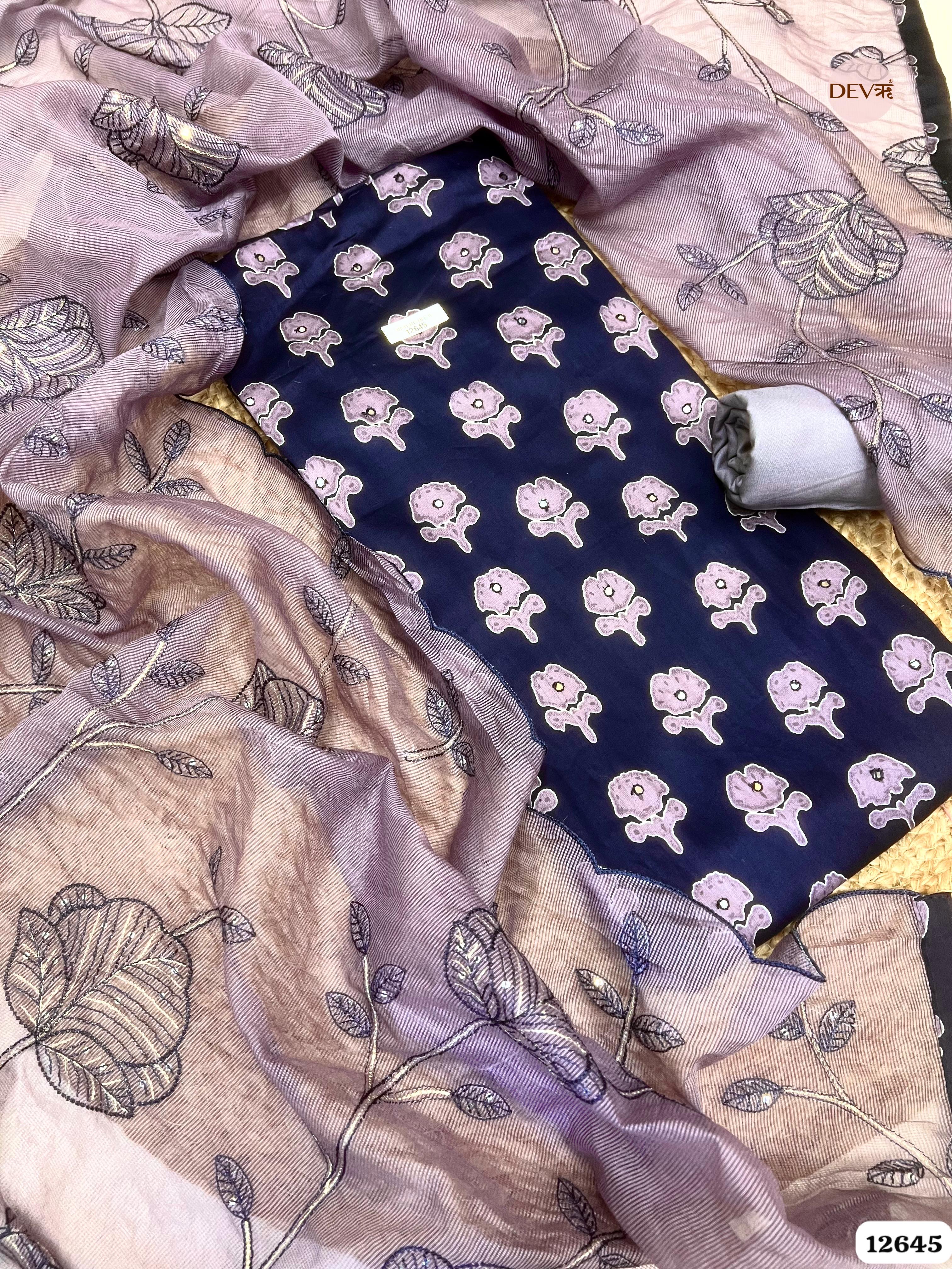 Navy Blue Cotton Printed Unstitched 3-Piece Suit (Devri – D.No 12645)