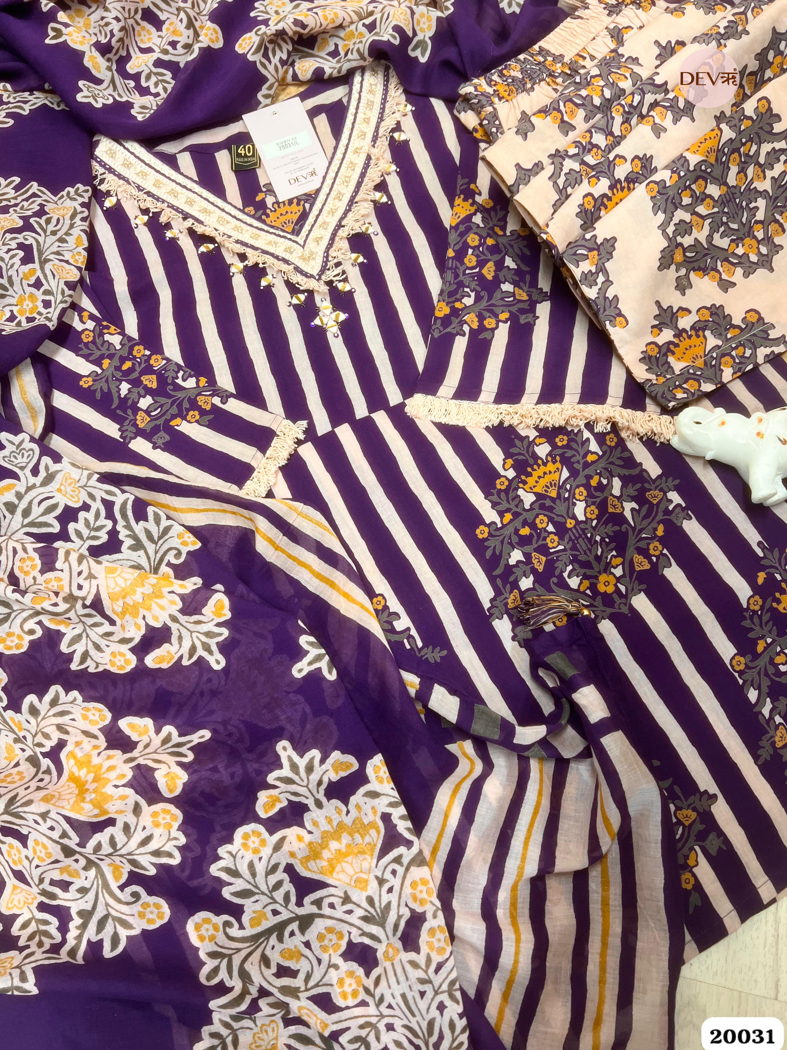 Vanya Pure Cotton Printed Purple Off-White 3-Piece Set (Devri – D.No 20031)