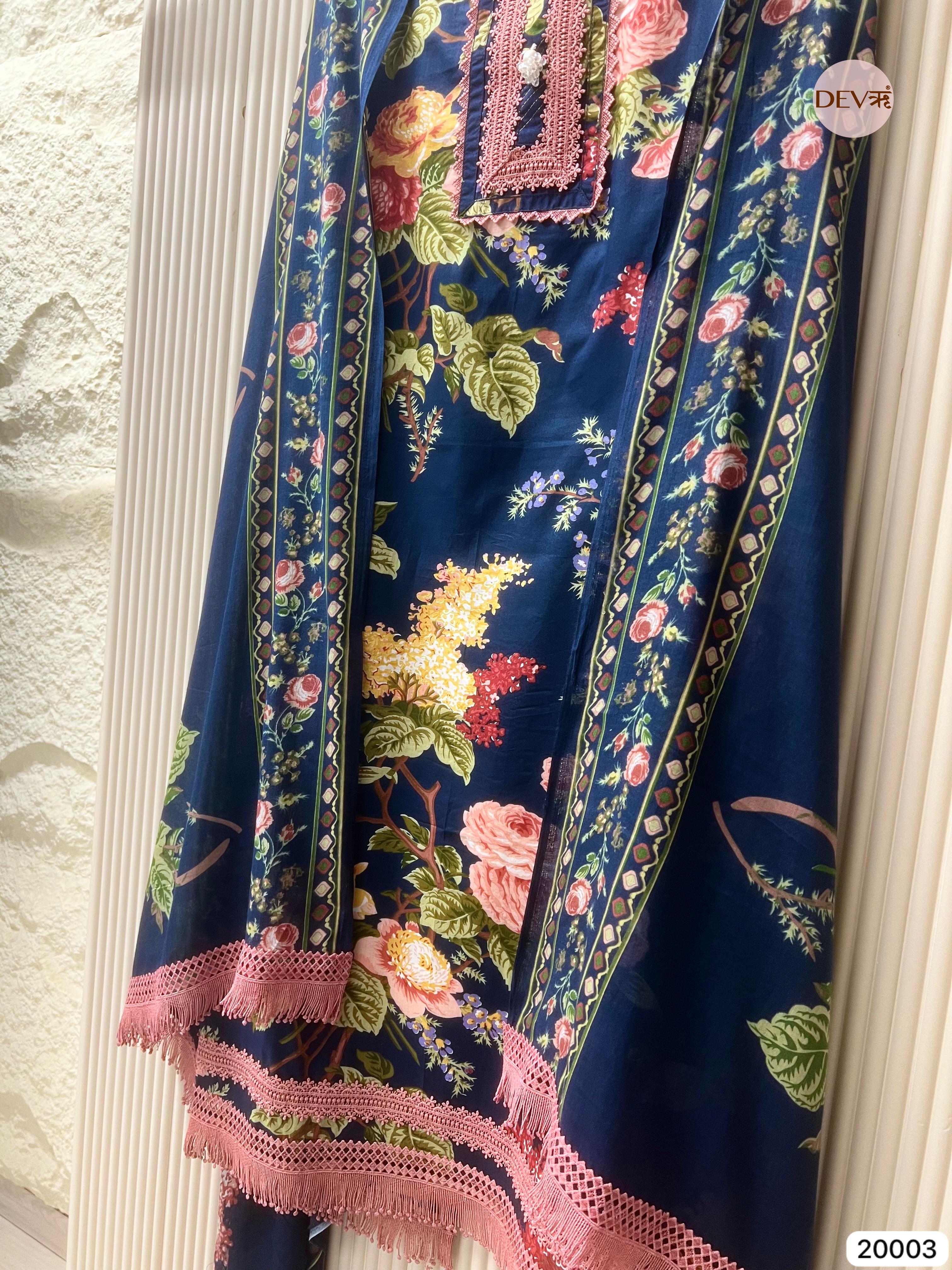 Indigo Meadow Pure Cotton Printed Unstitched 3-Piece Suit (Devri – D.No 20003)