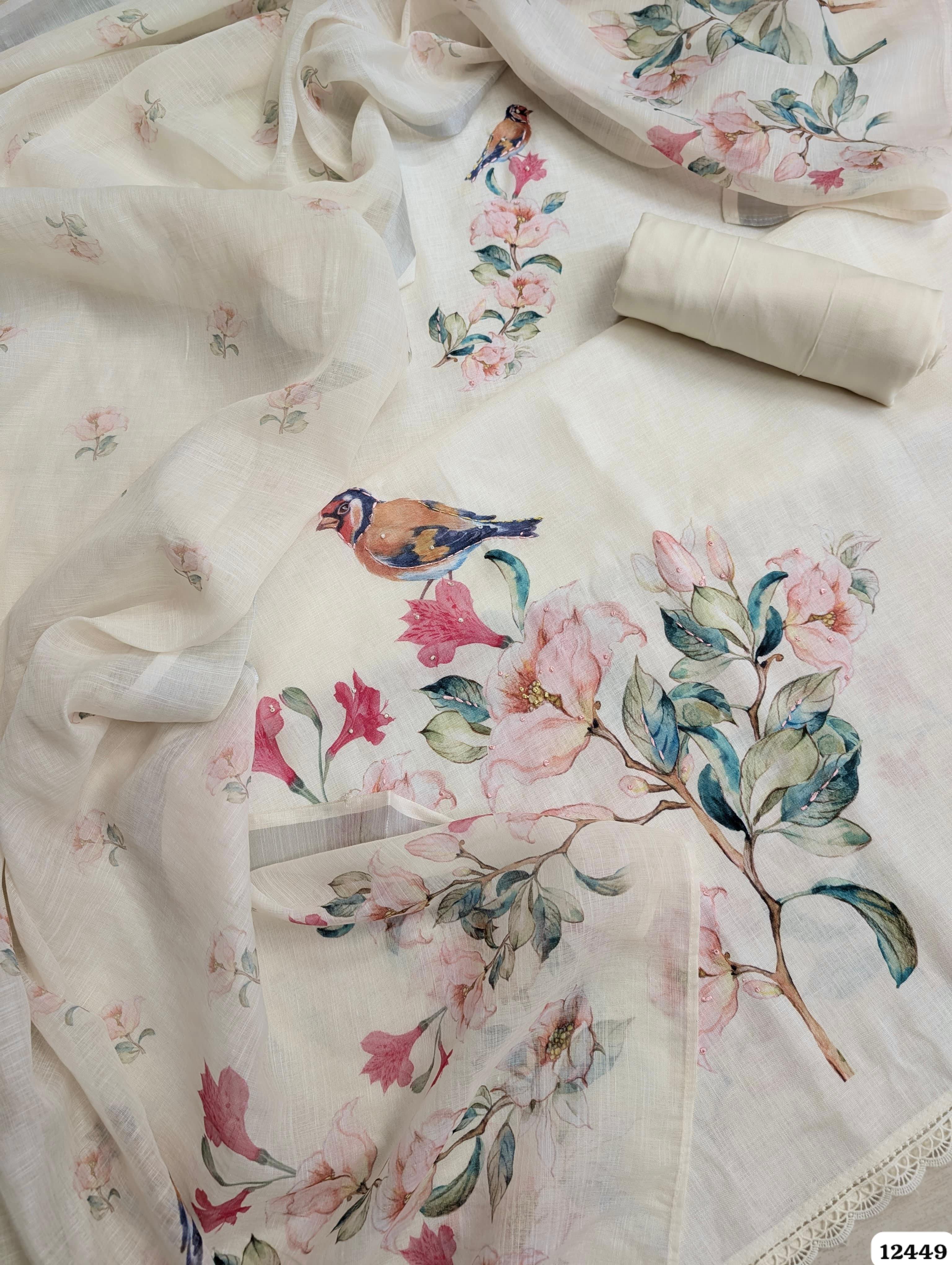 Off-White Linen Cotton Printed Unstitched 3-Piece Suit (Devri – D.No. 12449)